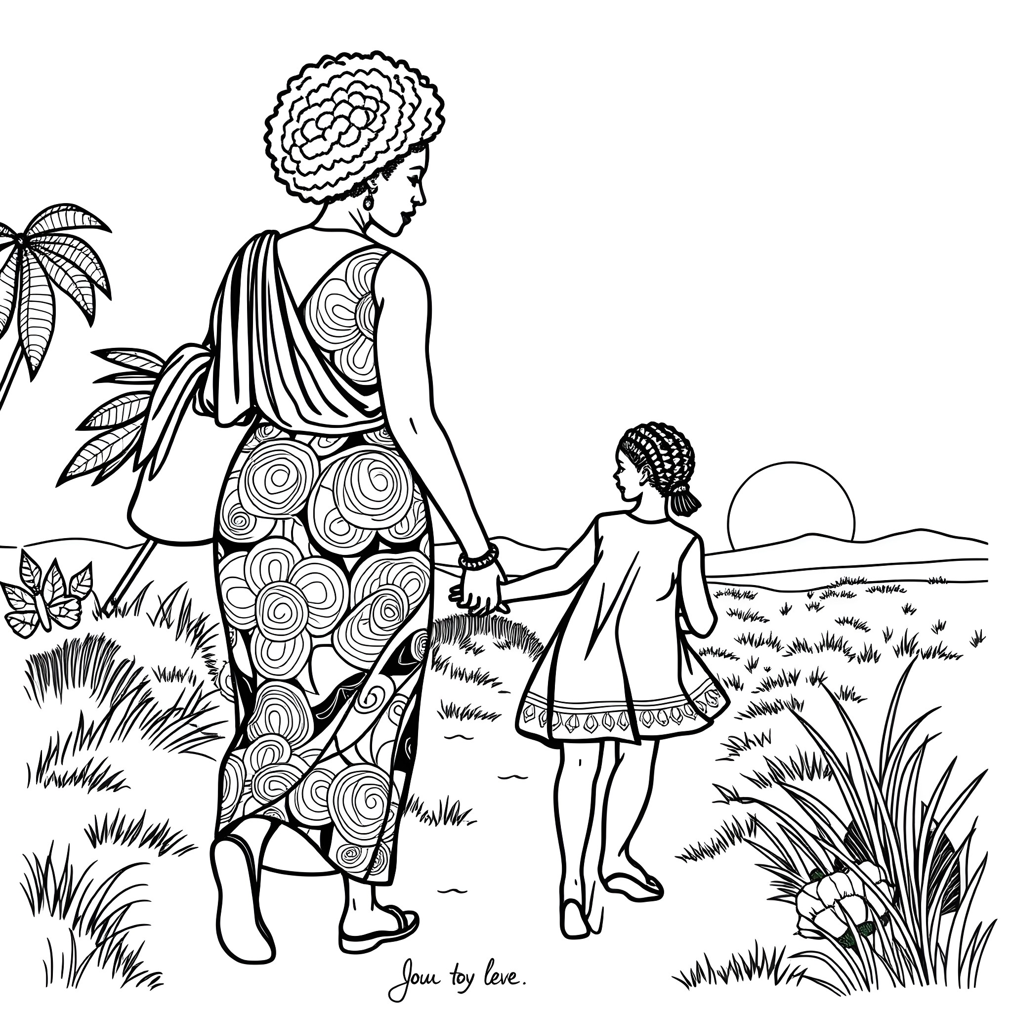 Mother and child sharing a tender moment in nature Coloring Page (free black-and-white line drawing printable PDF for all, from beginners to advanced learners, including children, teens, adults, and seniors)