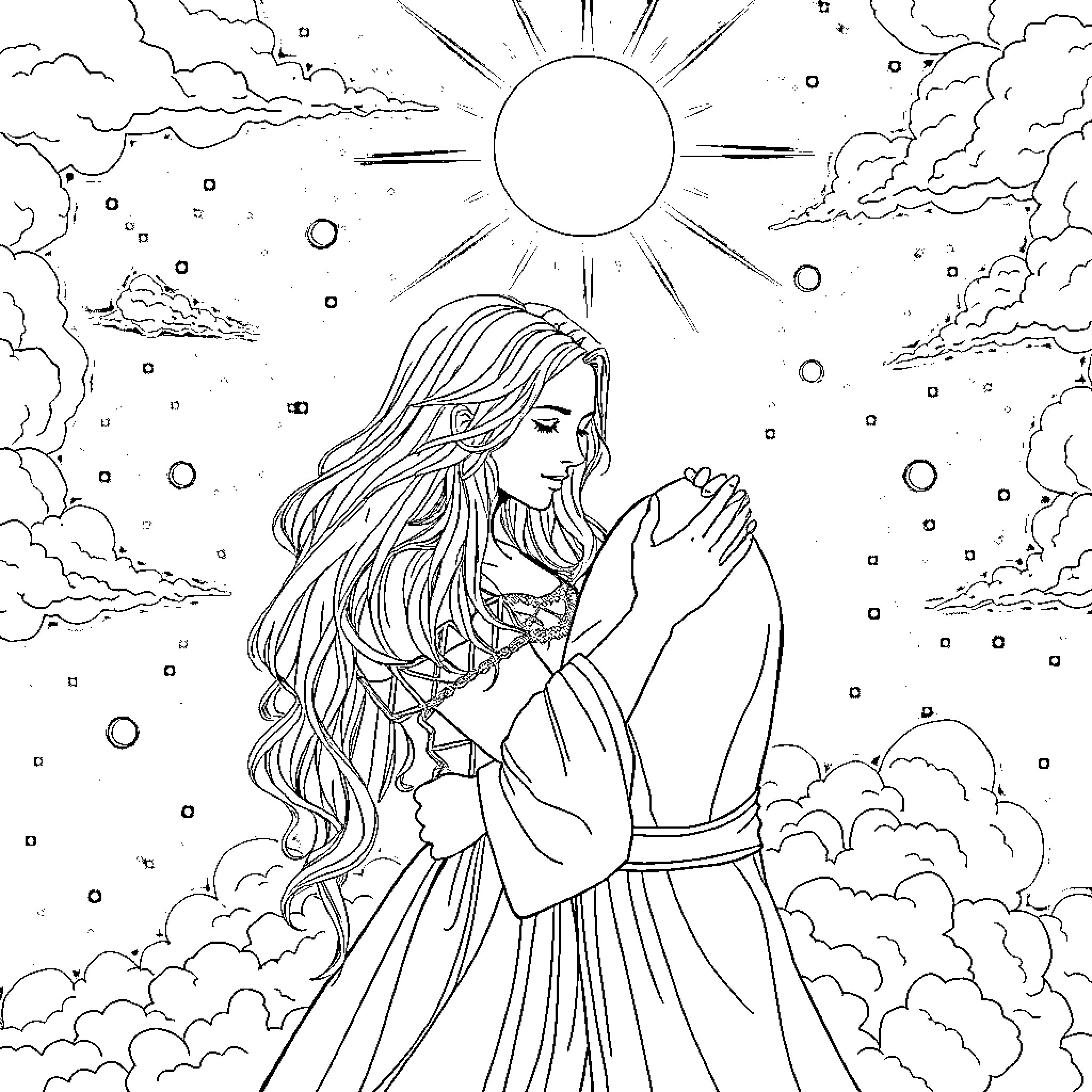 Aelin's Celestial Embrace Coloring Page (free black-and-white line drawing printable PDF for all, from beginners to advanced learners, including children, teens, adults, and seniors)