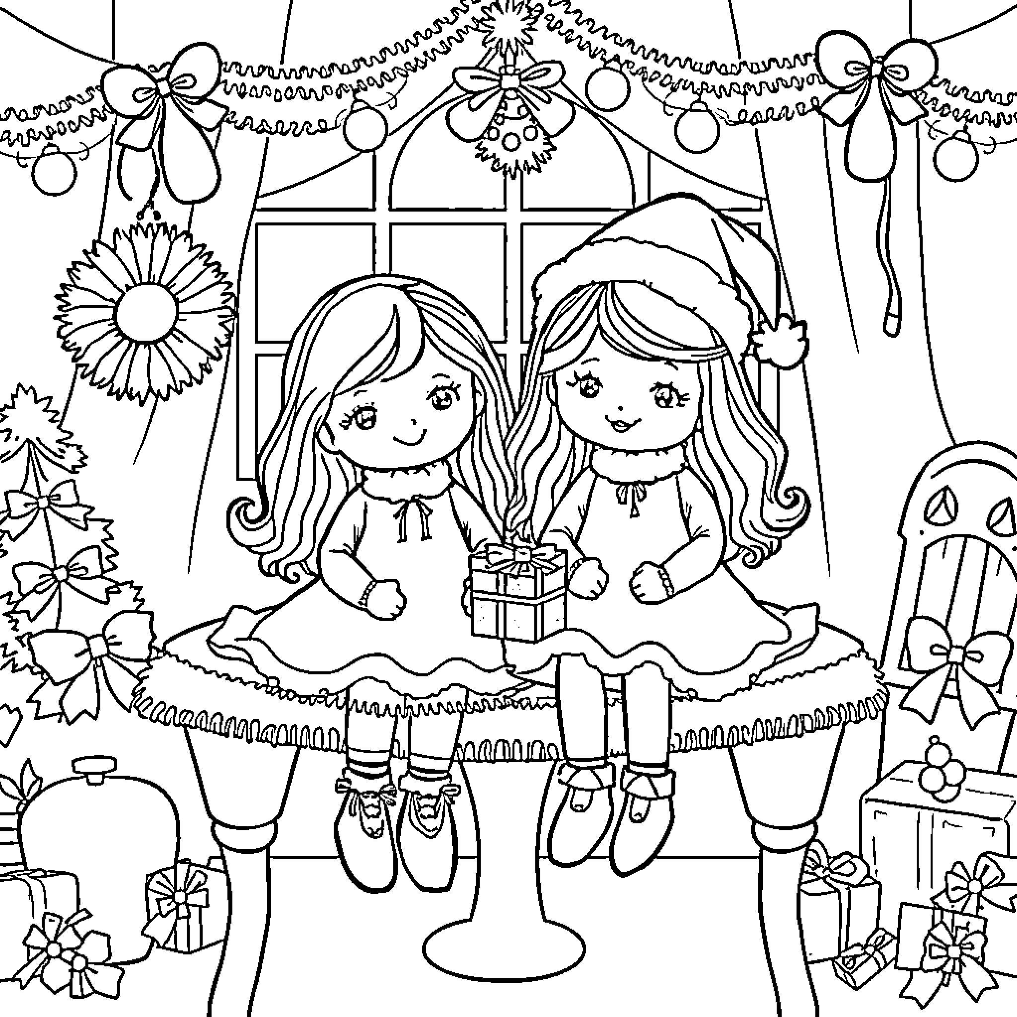 Doll friends celebrating with presents and decorations Coloring Page (free black-and-white line drawing printable PDF for all, from beginners to advanced learners, including children, teens, adults, and seniors)