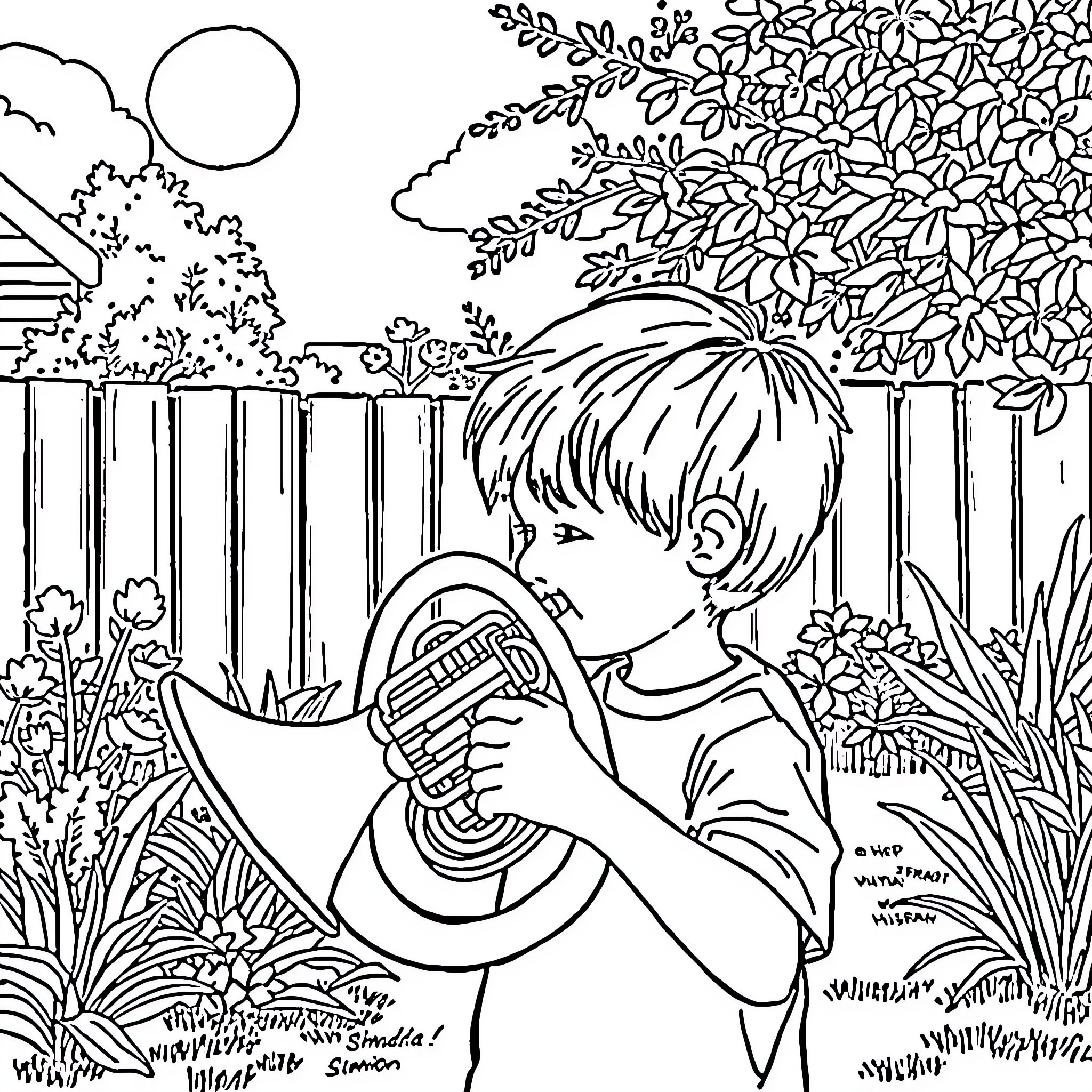 Child playing with a toy in a garden Coloring Page (free black-and-white line drawing printable PDF for all, from beginners to advanced learners, including children, teens, adults, and seniors)