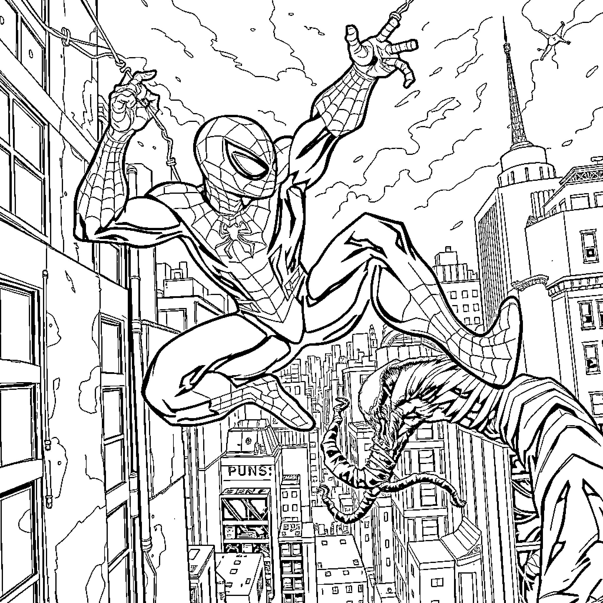 Spiderman swinging through the city in action pose Coloring Page (free black-and-white line drawing printable PDF for all, from beginners to advanced learners, including children, teens, adults, and seniors)