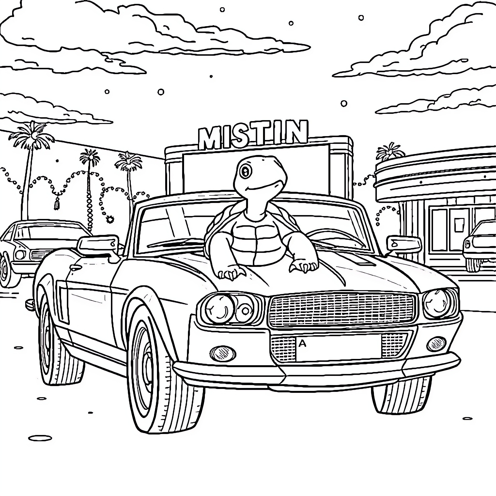 Turtle riding in a classic car in the city Coloring Page (free black-and-white line drawing printable PDF for all, from beginners to advanced learners, including children, teens, adults, and seniors)