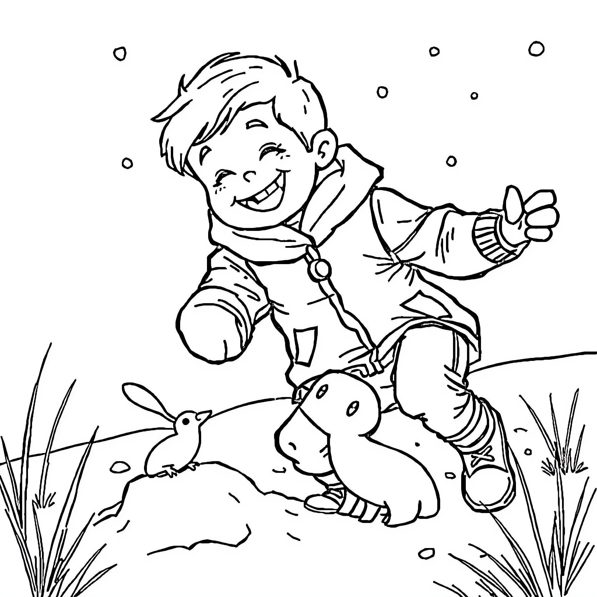 Boy playing joyfully with a rabbit in the snow Coloring Page (free black-and-white line drawing printable PDF for all, from beginners to advanced learners, including children, teens, adults, and seniors)