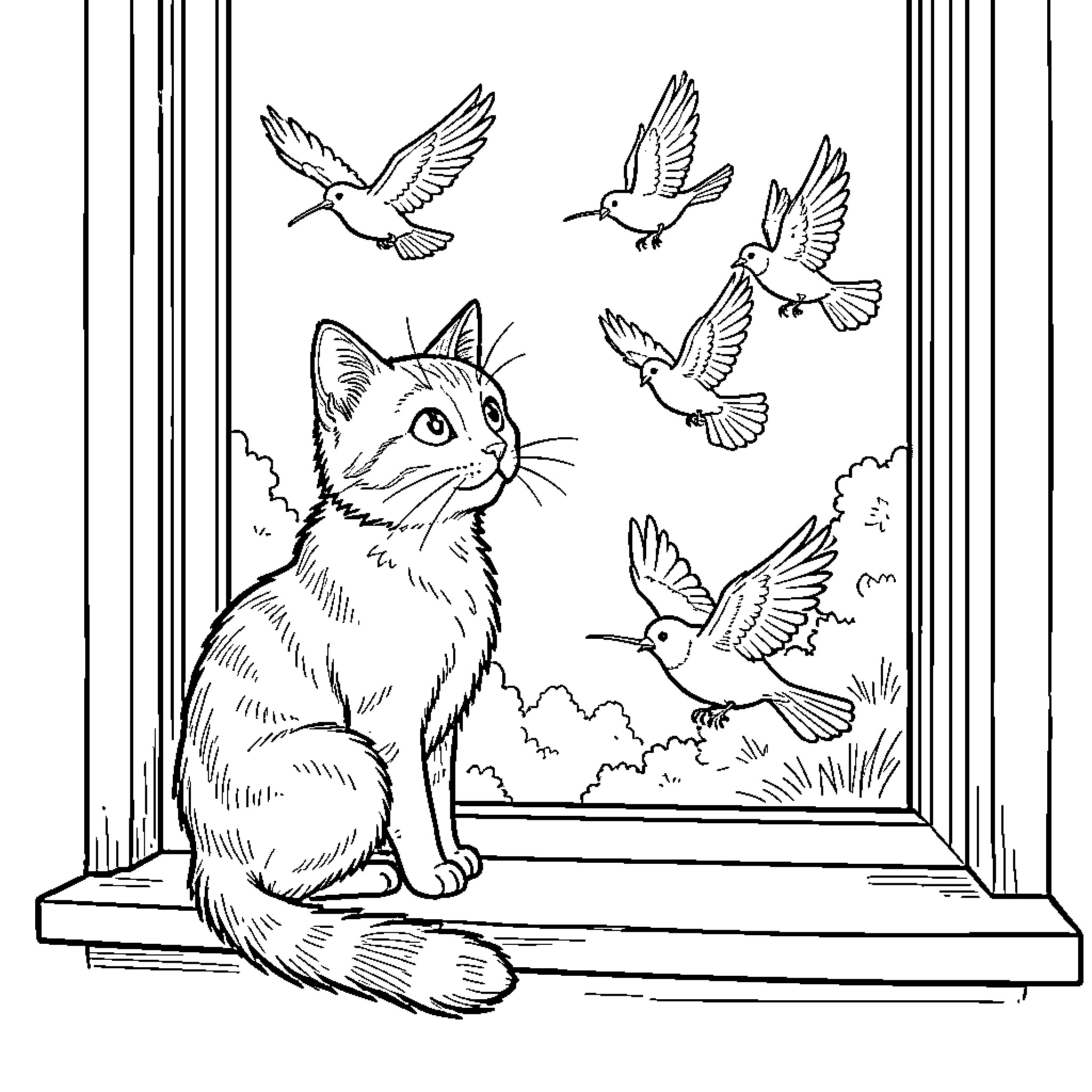 Cat observing birds outside the window Coloring Page (free black-and-white line drawing printable PDF for all, from beginners to advanced learners, including children, teens, adults, and seniors)