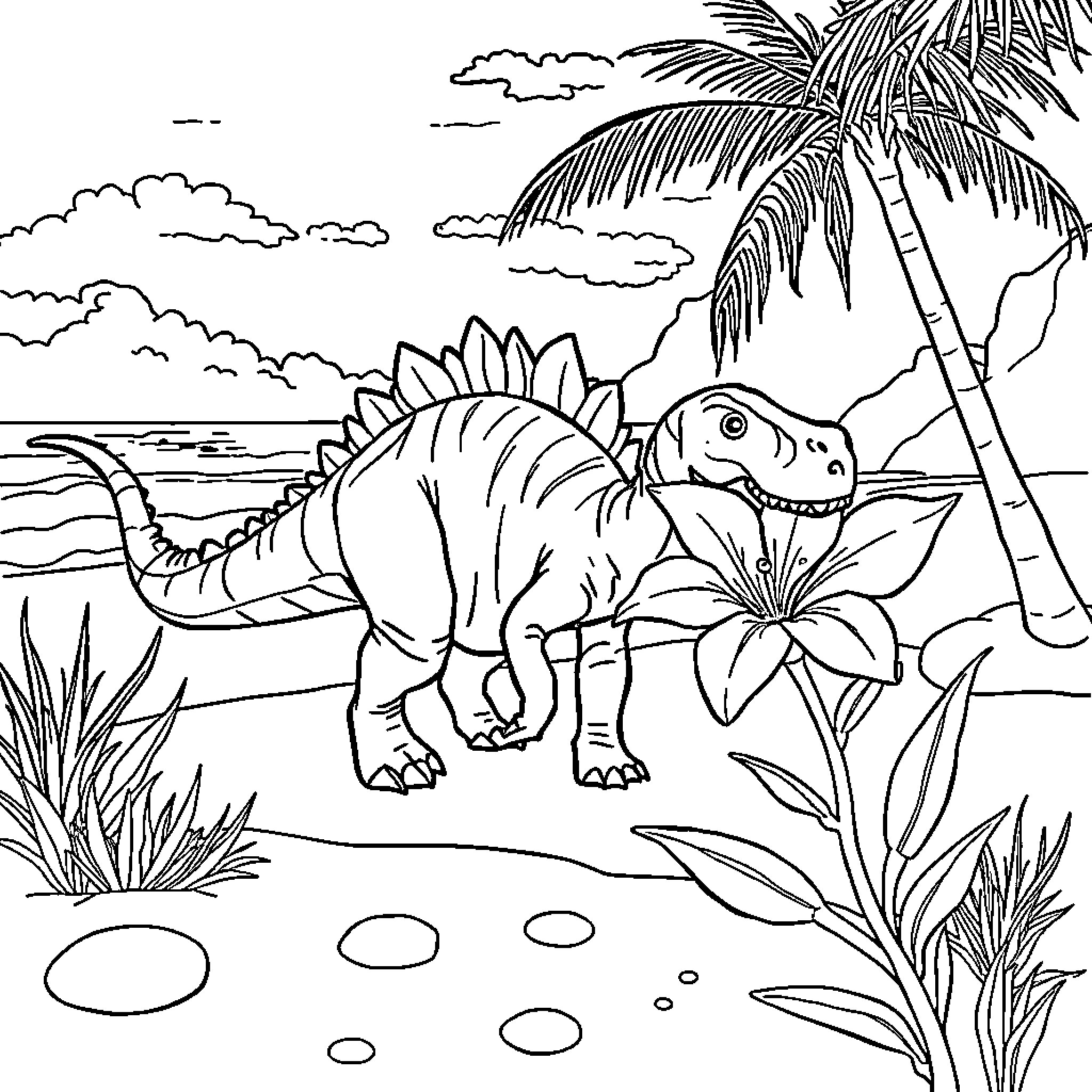 Dinosaur enjoying a tropical paradise Coloring Page (free black-and-white line drawing printable PDF for all, from beginners to advanced learners, including children, teens, adults, and seniors)