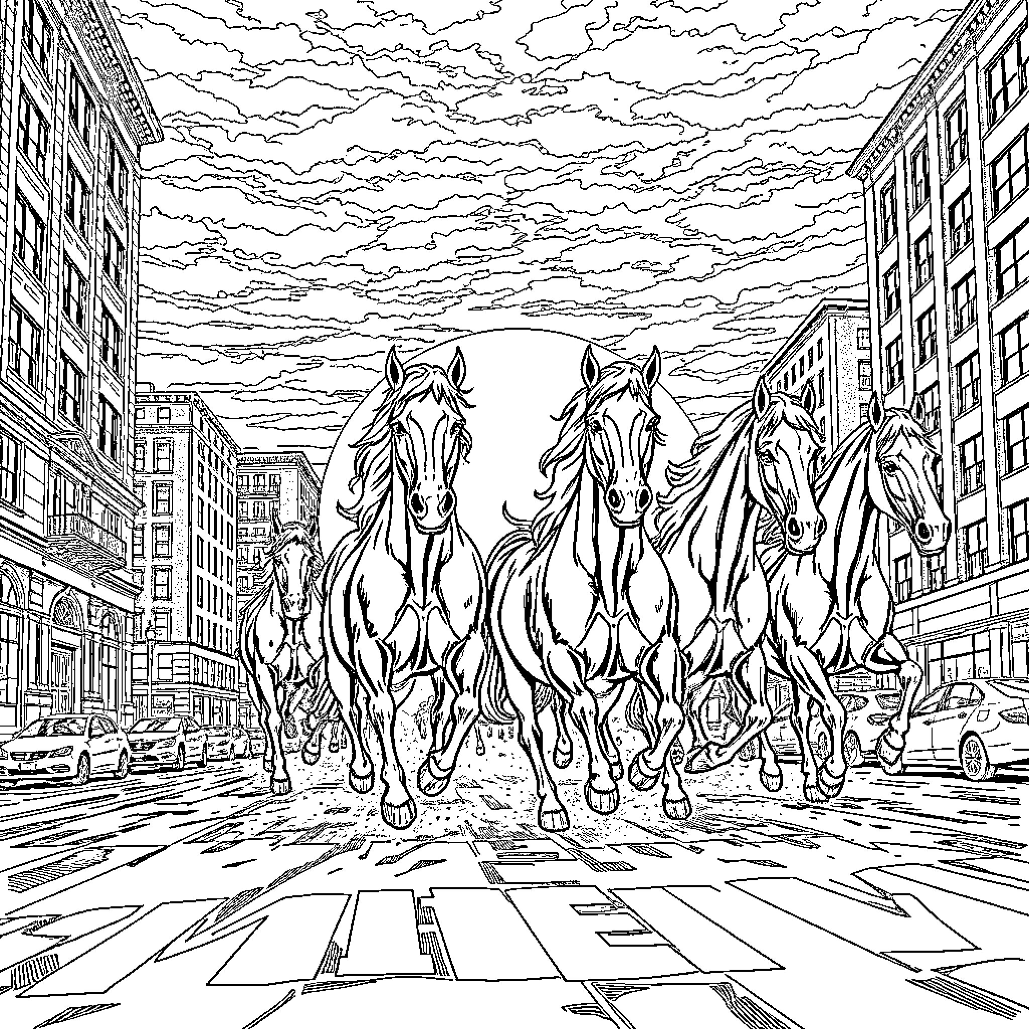 Horse Galloping Herd Charging Through City Street Coloring Page (free black-and-white line drawing printable PDF for all, from beginners to advanced learners, including children, teens, adults, and seniors)