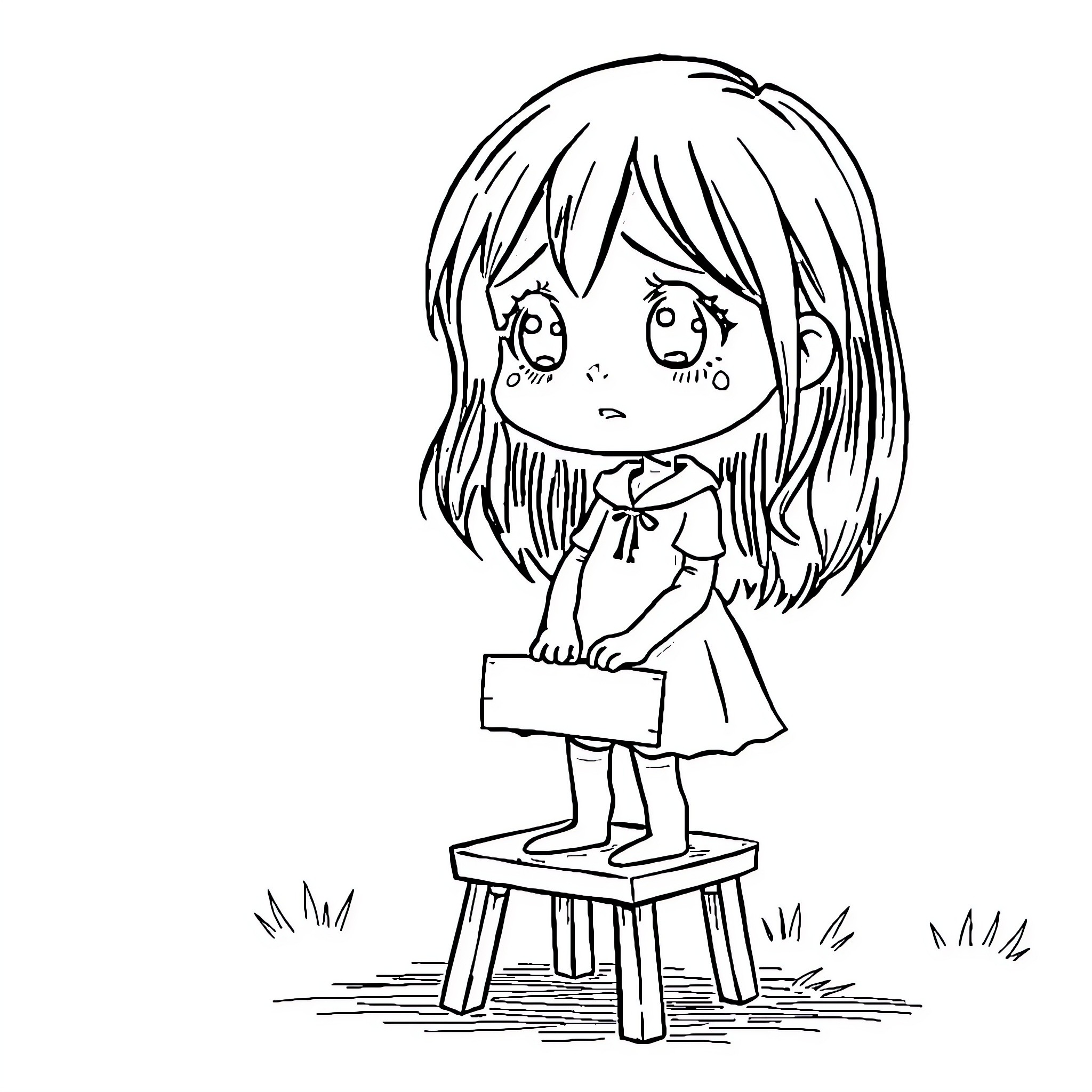 Girl standing on a stool looking distressed Coloring Page (free black-and-white line drawing printable PDF for all, from beginners to advanced learners, including children, teens, adults, and seniors)