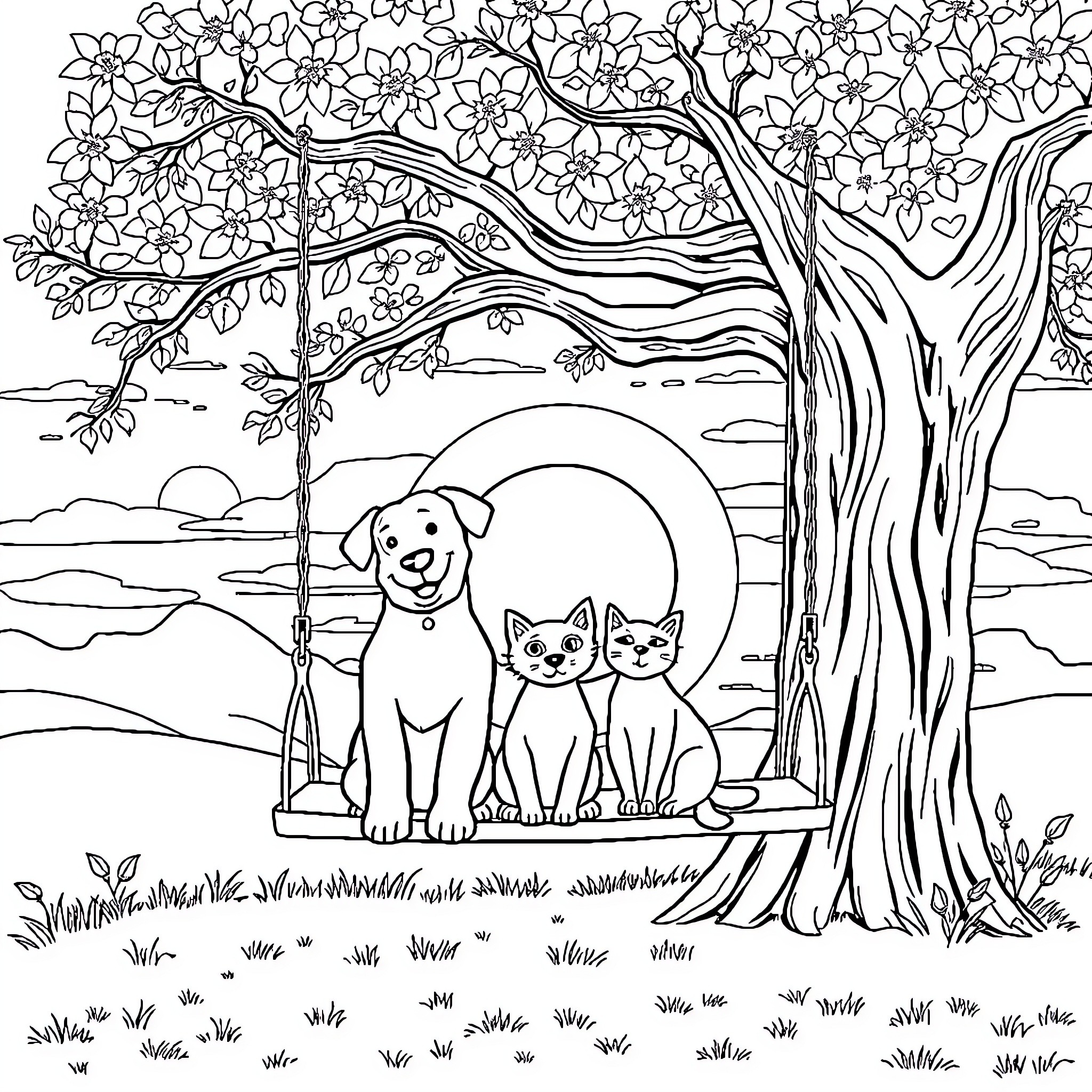 Dog, cat, and other animals in a nature scene Coloring Page (free black-and-white line drawing printable PDF for all, from beginners to advanced learners, including children, teens, adults, and seniors)