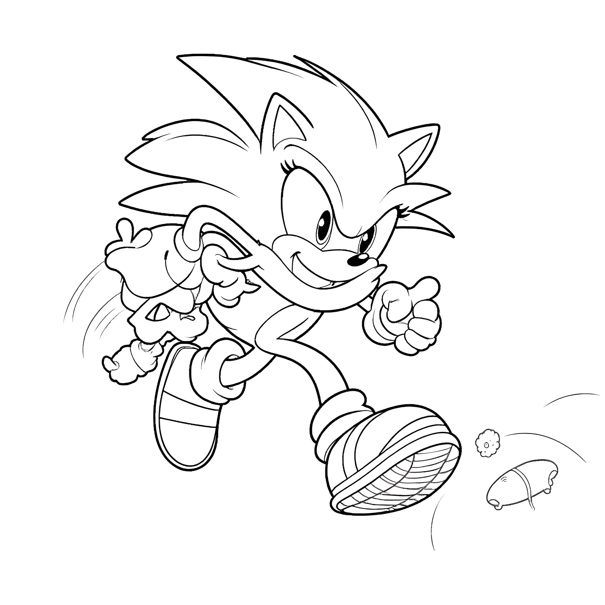 Sonic the Hedgehog running and jumping with enthusiasm Coloring Page (free black-and-white line drawing printable PDF for all, from beginners to advanced learners, including children, teens, adults, and seniors)