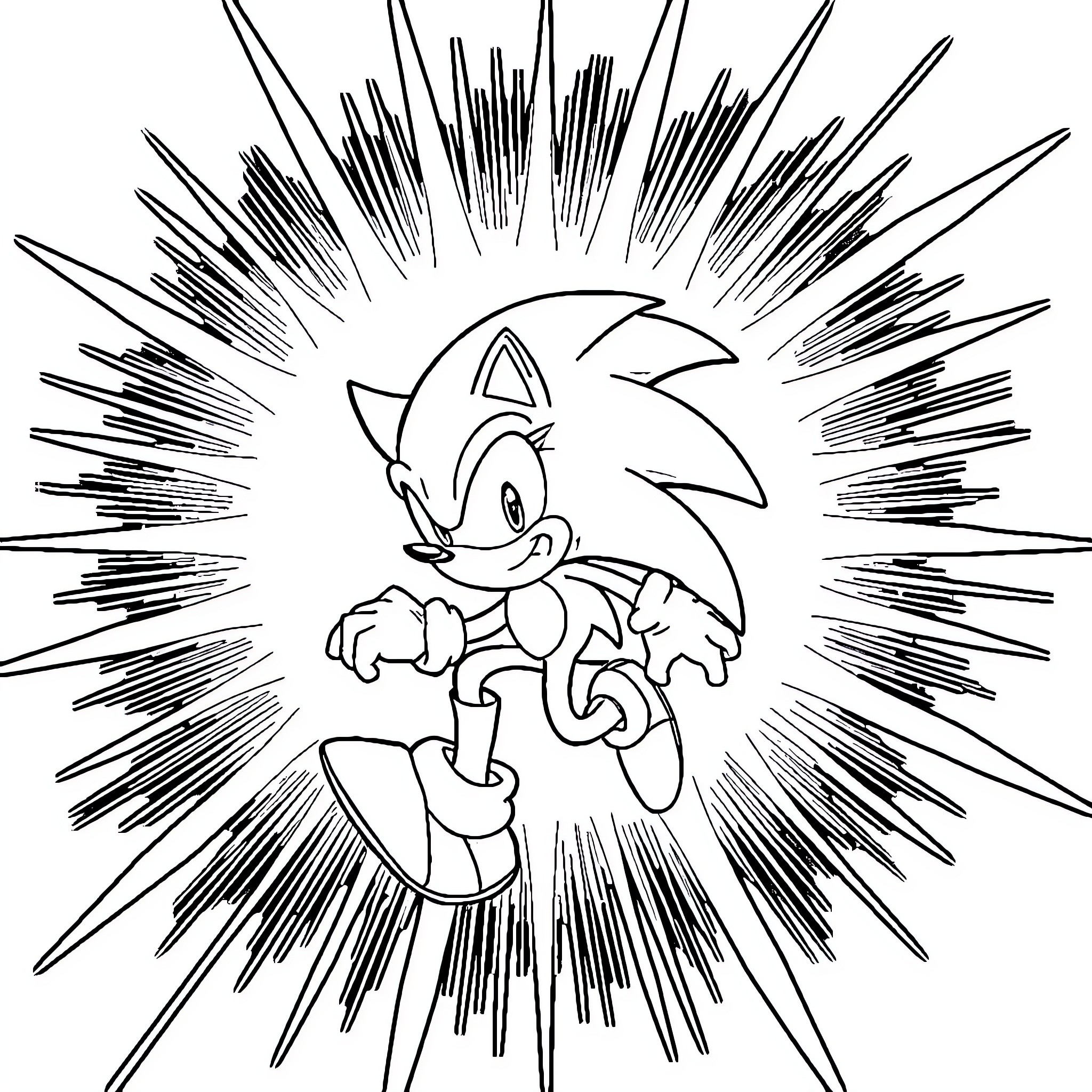 Sonic dashing through an energetic scene Coloring Page (free black-and-white line drawing printable PDF for all, from beginners to advanced learners, including children, teens, adults, and seniors)