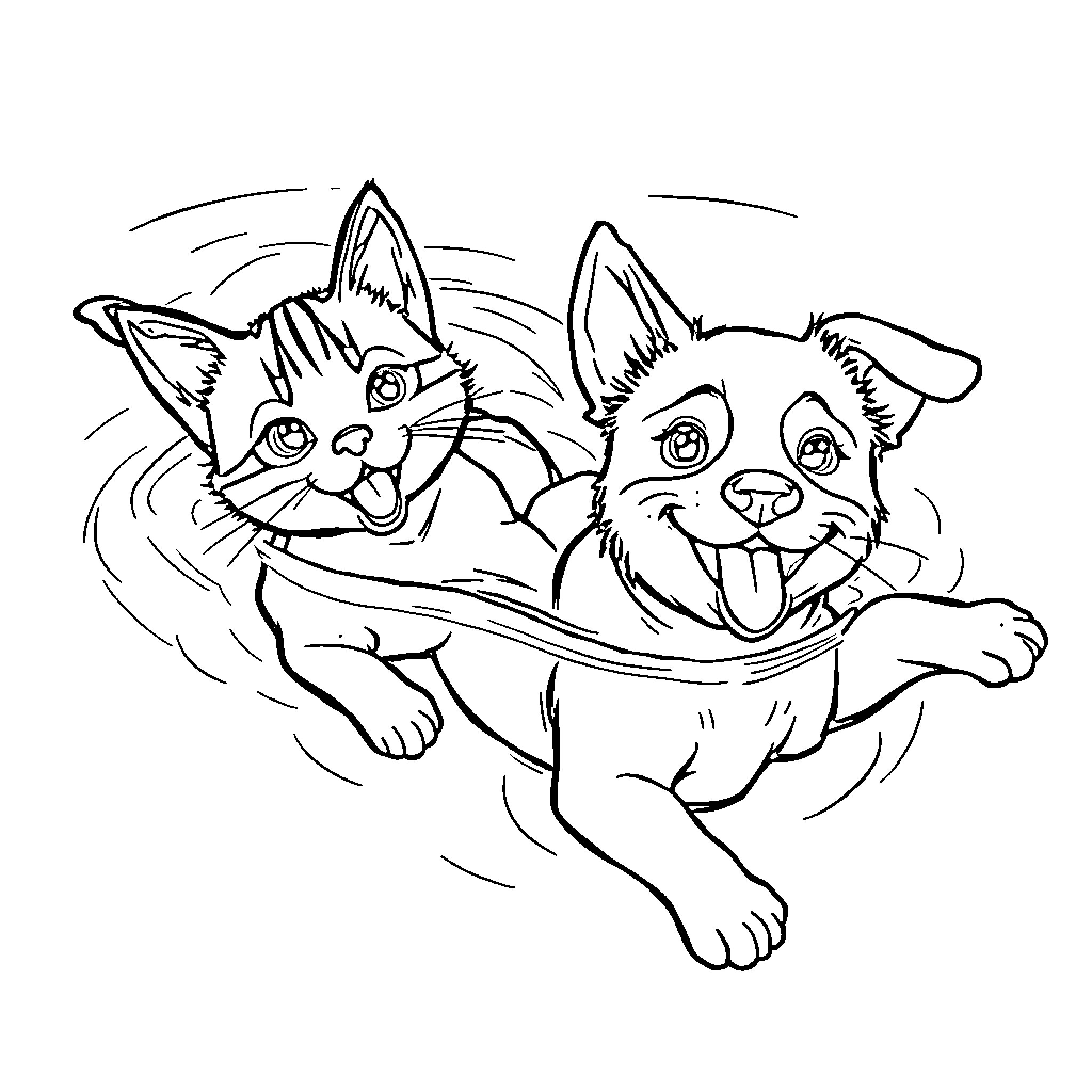 Cat and Dog Playing Together Coloring Page (free black-and-white line drawing printable PDF for all, from beginners to advanced learners, including children, teens, adults, and seniors)