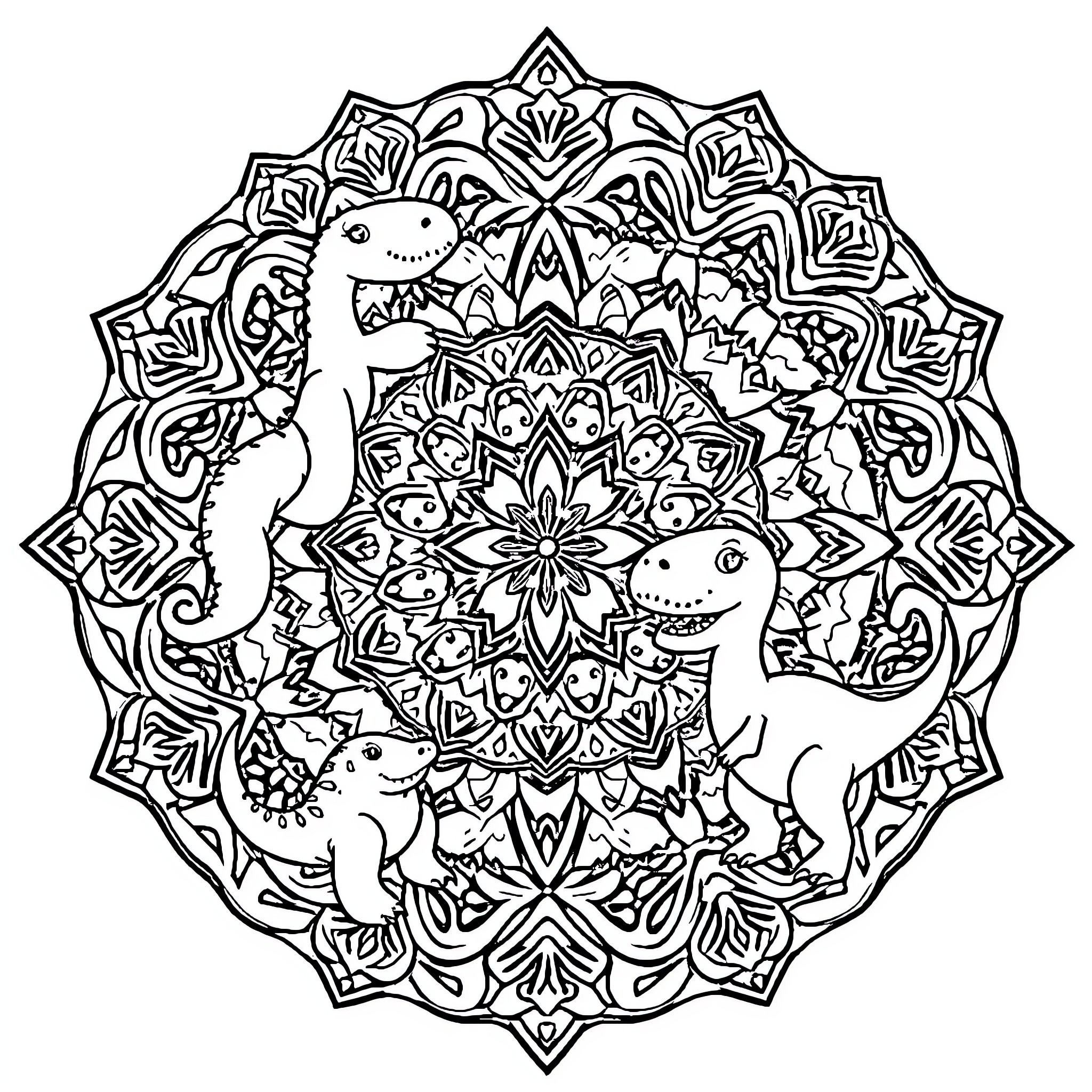 Dinosaur Mandala with Playful Dinosaurs Coloring Page (free black-and-white line drawing printable PDF for all, from beginners to advanced learners, including children, teens, adults, and seniors)