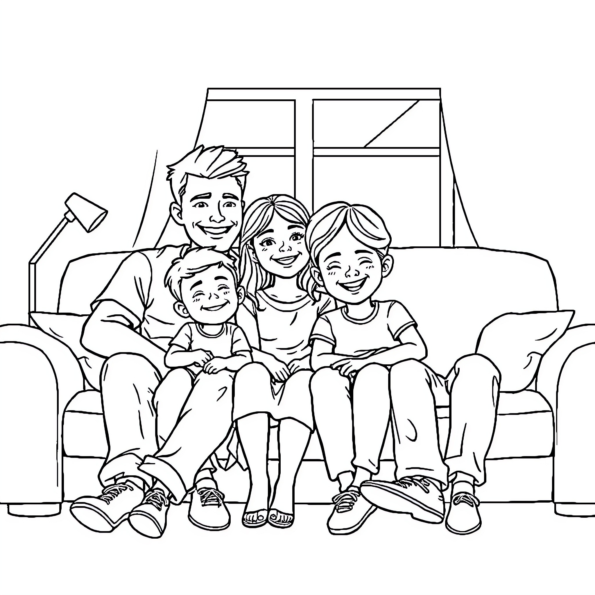 Family enjoying quality time together on the couch Coloring Page (free black-and-white line drawing printable PDF for all, from beginners to advanced learners, including children, teens, adults, and seniors)