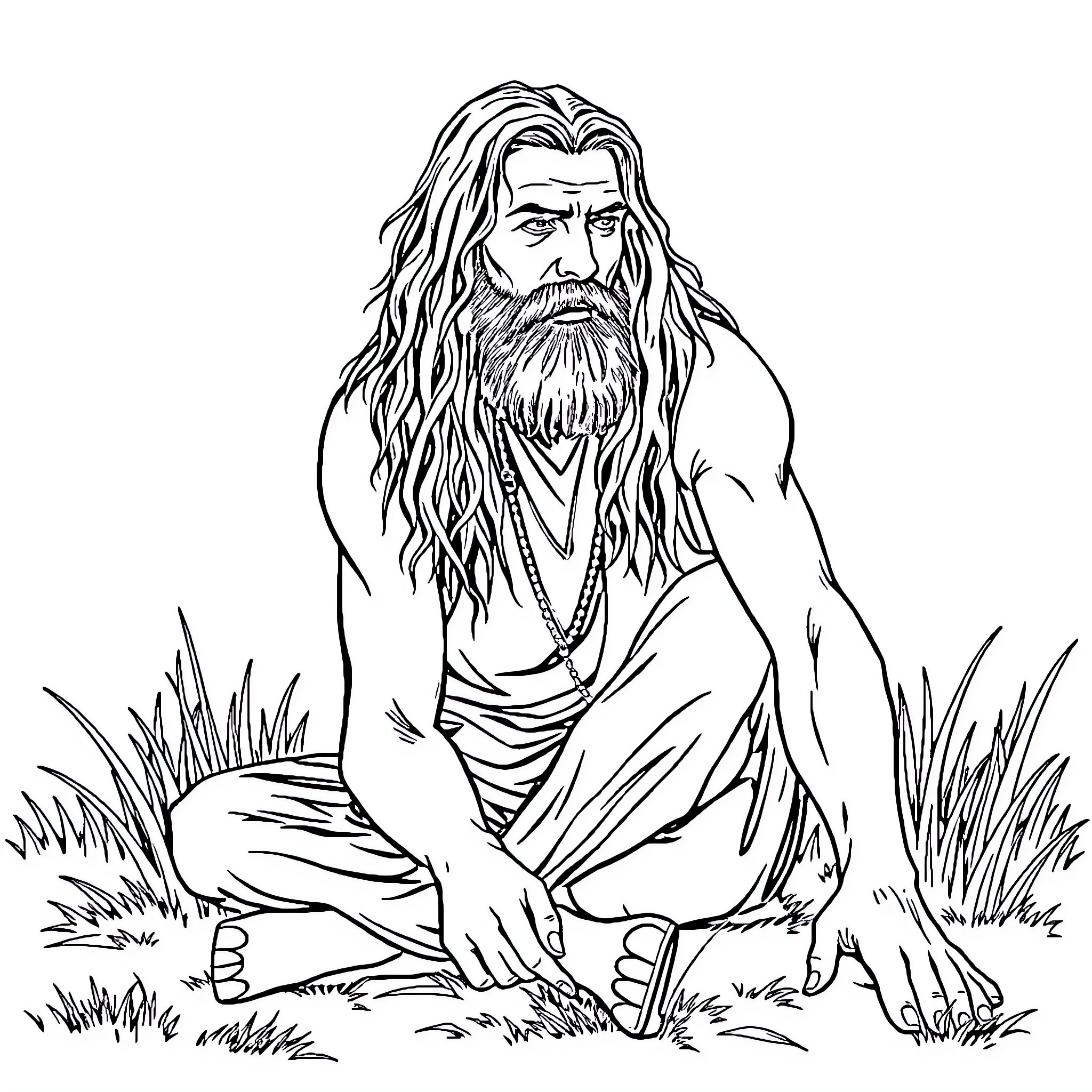 Man with long hair and beard sitting in nature Coloring Page (free black-and-white line drawing printable PDF for all, from beginners to advanced learners, including children, teens, adults, and seniors)