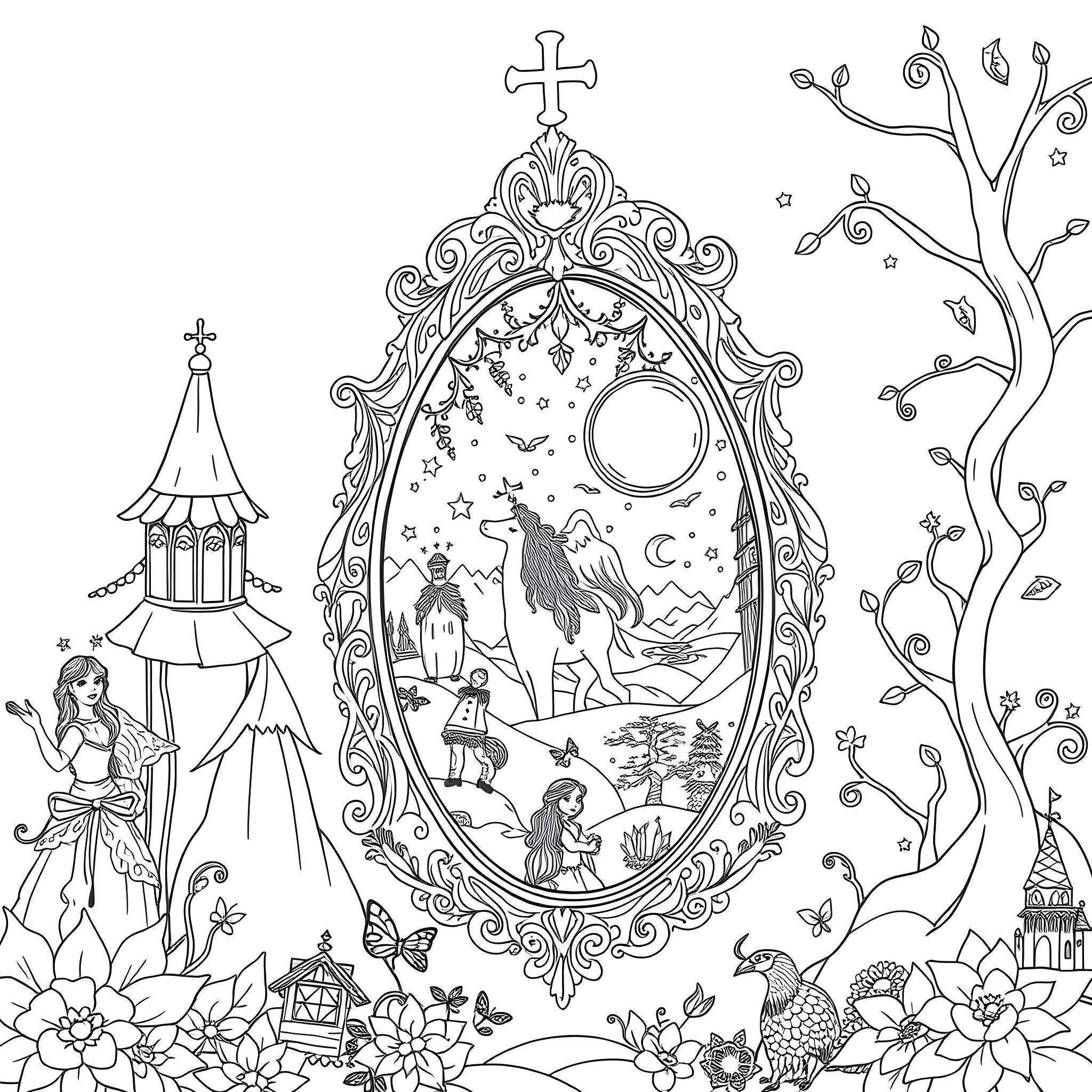 Magic Mirror Reflecting a Fantastical Woodland Scene Coloring Page (free black-and-white line drawing printable PDF for all, from beginners to advanced learners, including children, teens, adults, and seniors)