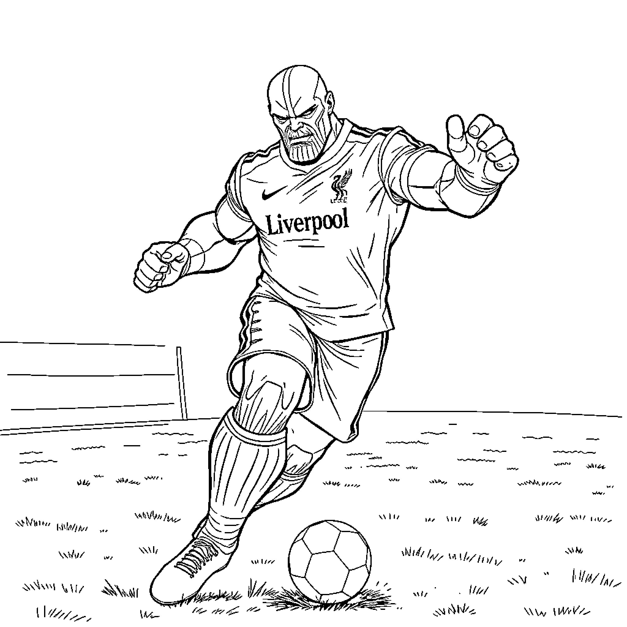 Thanos in Liverpool football jersey playing soccer Coloring Page (free black-and-white line drawing printable PDF for all, from beginners to advanced learners, including children, teens, adults, and seniors)
