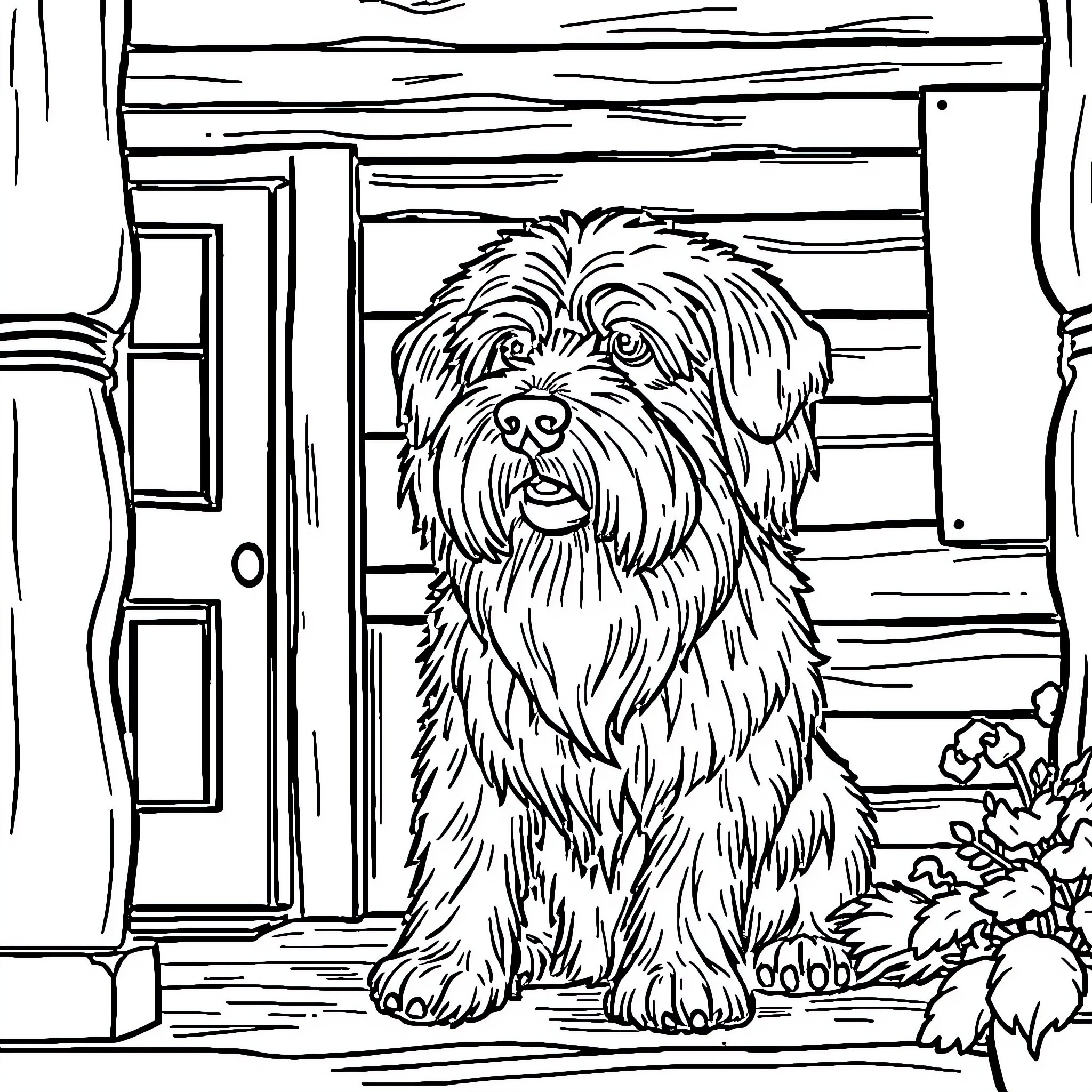Dog waiting patiently on the porch Coloring Page (free black-and-white line drawing printable PDF for all, from beginners to advanced learners, including children, teens, adults, and seniors)