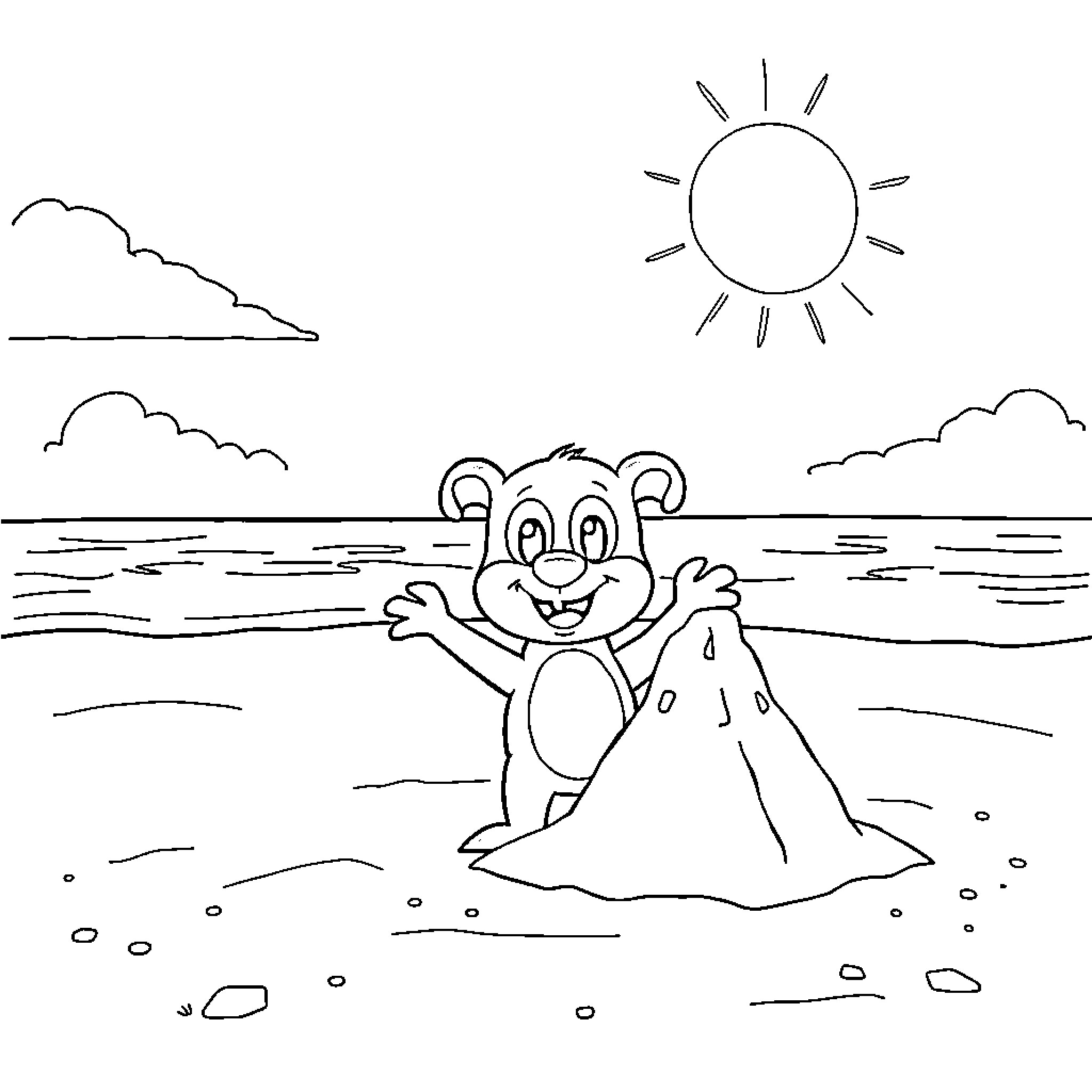 Bluey playing happily on the beach Coloring Page (free black-and-white line drawing printable PDF for all, from beginners to advanced learners, including children, teens, adults, and seniors)