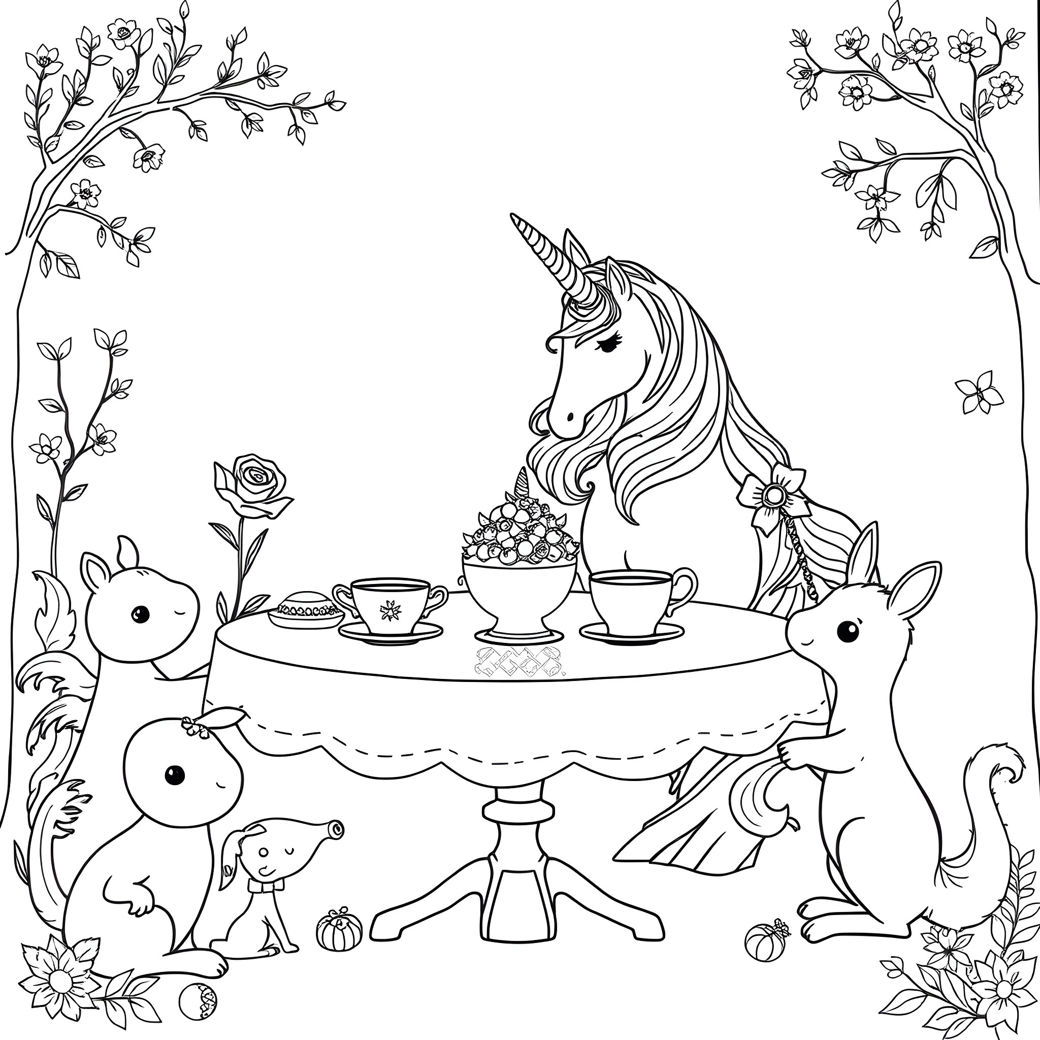 Unicorn enjoying a tea party with woodland creatures Coloring Page (free black-and-white line drawing printable PDF for all, from beginners to advanced learners, including children, teens, adults, and seniors)