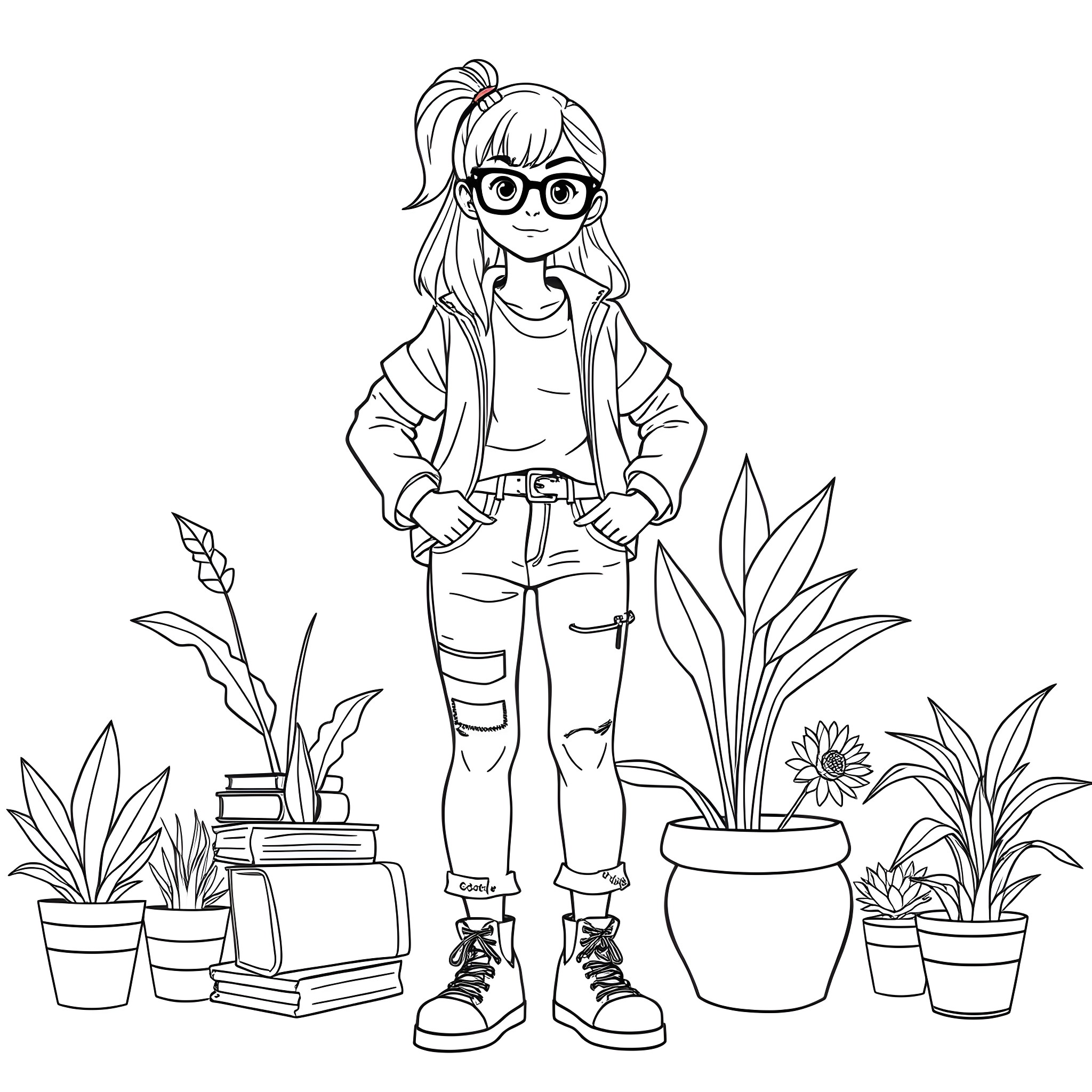 Teen Girl exploring indoor plants and gardening Coloring Page (free black-and-white line drawing printable PDF for all, from beginners to advanced learners, including children, teens, adults, and seniors)