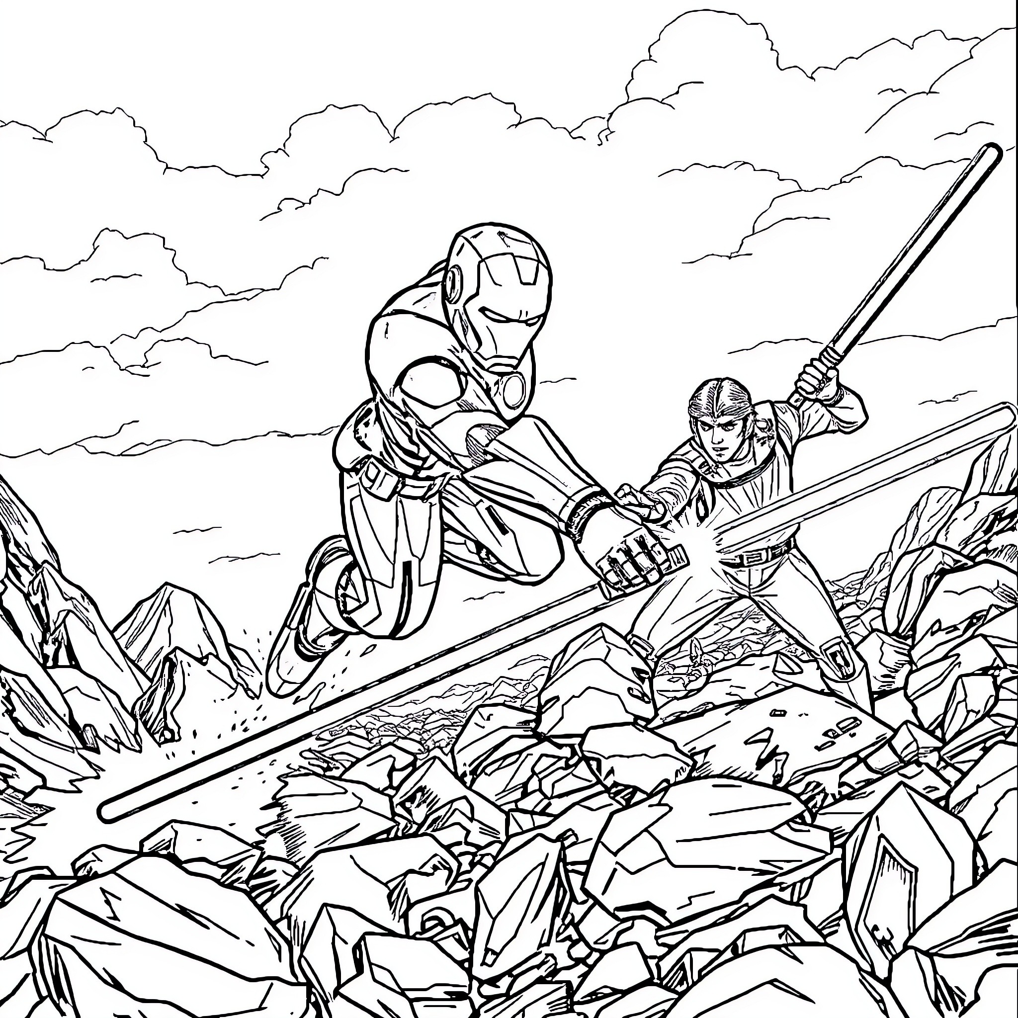 Iron Man in Heroic Battle with Enemies Coloring Page (free black-and-white line drawing printable PDF for all, from beginners to advanced learners, including children, teens, adults, and seniors)