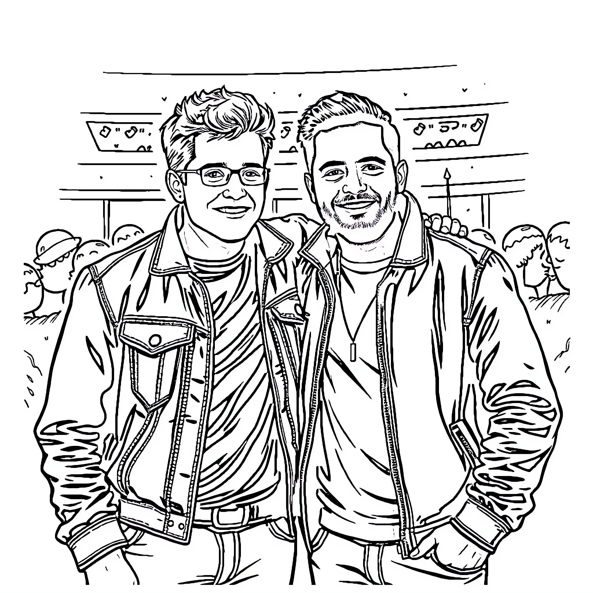 Evan Buckley and friend posing together in casual outfits Coloring Page (free black-and-white line drawing printable PDF for all, from beginners to advanced learners, including children, teens, adults, and seniors)