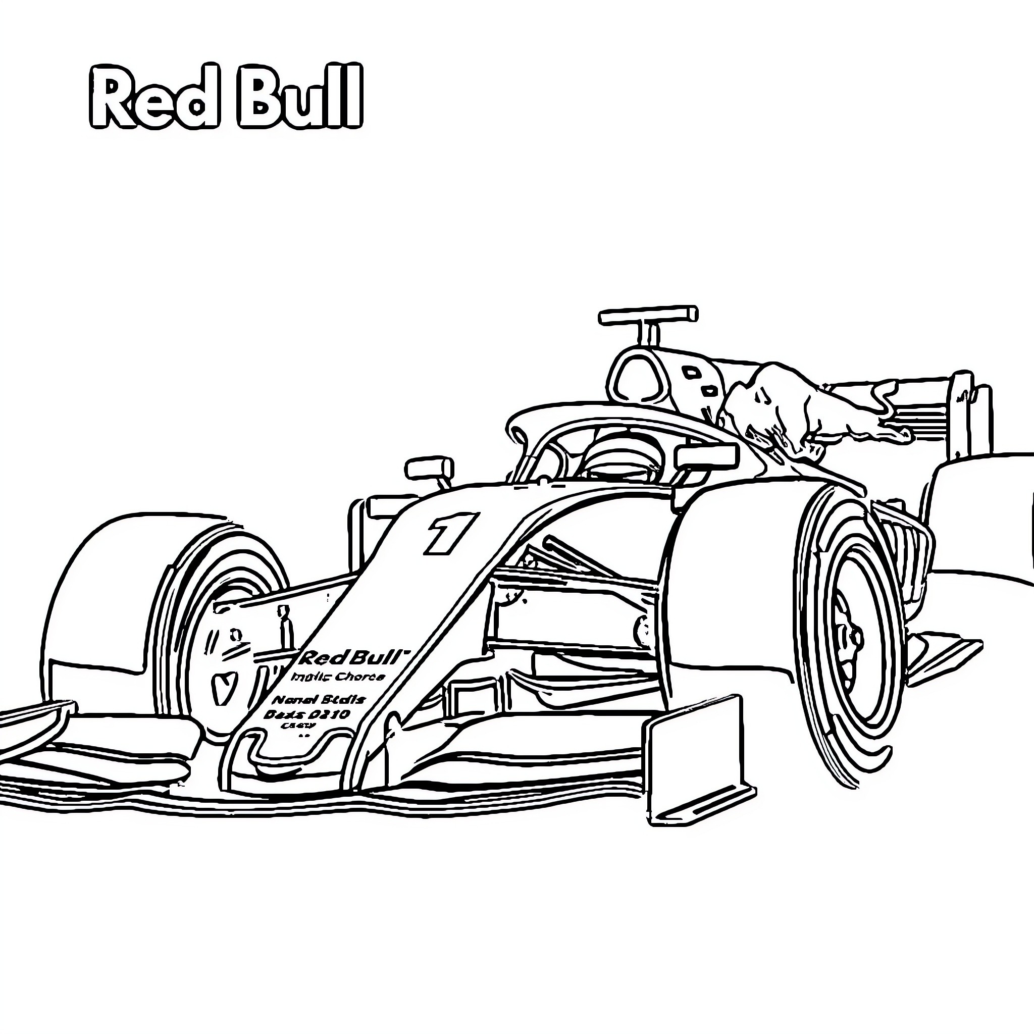 Formula One Car with Red Bull Branding in Motion Coloring Page (free black-and-white line drawing printable PDF for all, from beginners to advanced learners, including children, teens, adults, and seniors)