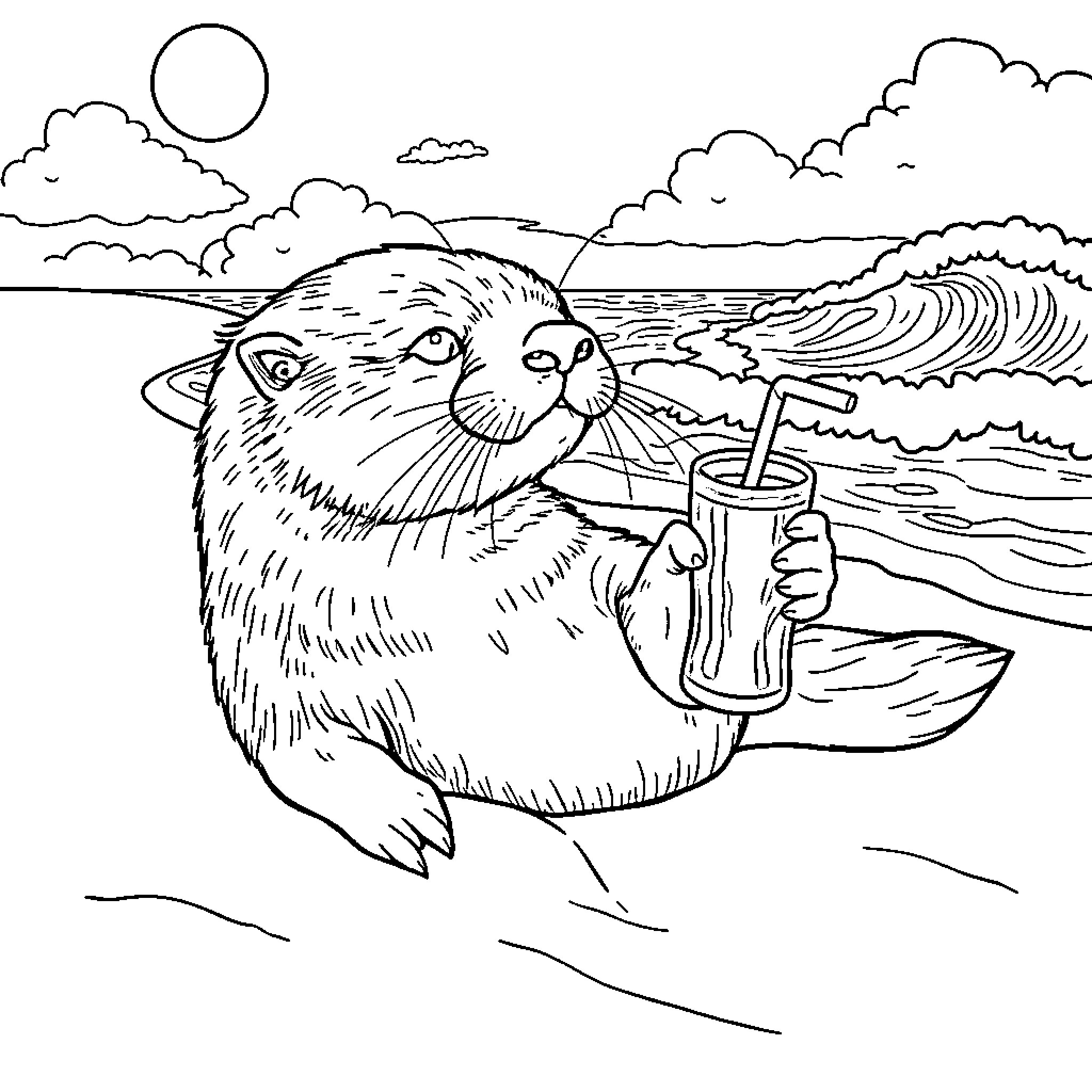 Otter relaxing on the beach with a drink Coloring Page (free black-and-white line drawing printable PDF for all, from beginners to advanced learners, including children, teens, adults, and seniors)