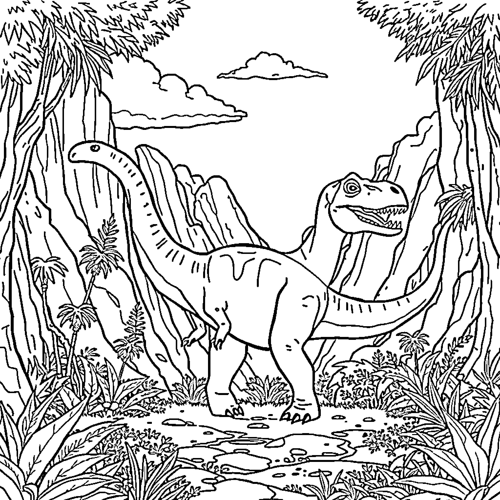 Dinosaur roaming through lush jungle landscape Coloring Page (free black-and-white line drawing printable PDF for all, from beginners to advanced learners, including children, teens, adults, and seniors)