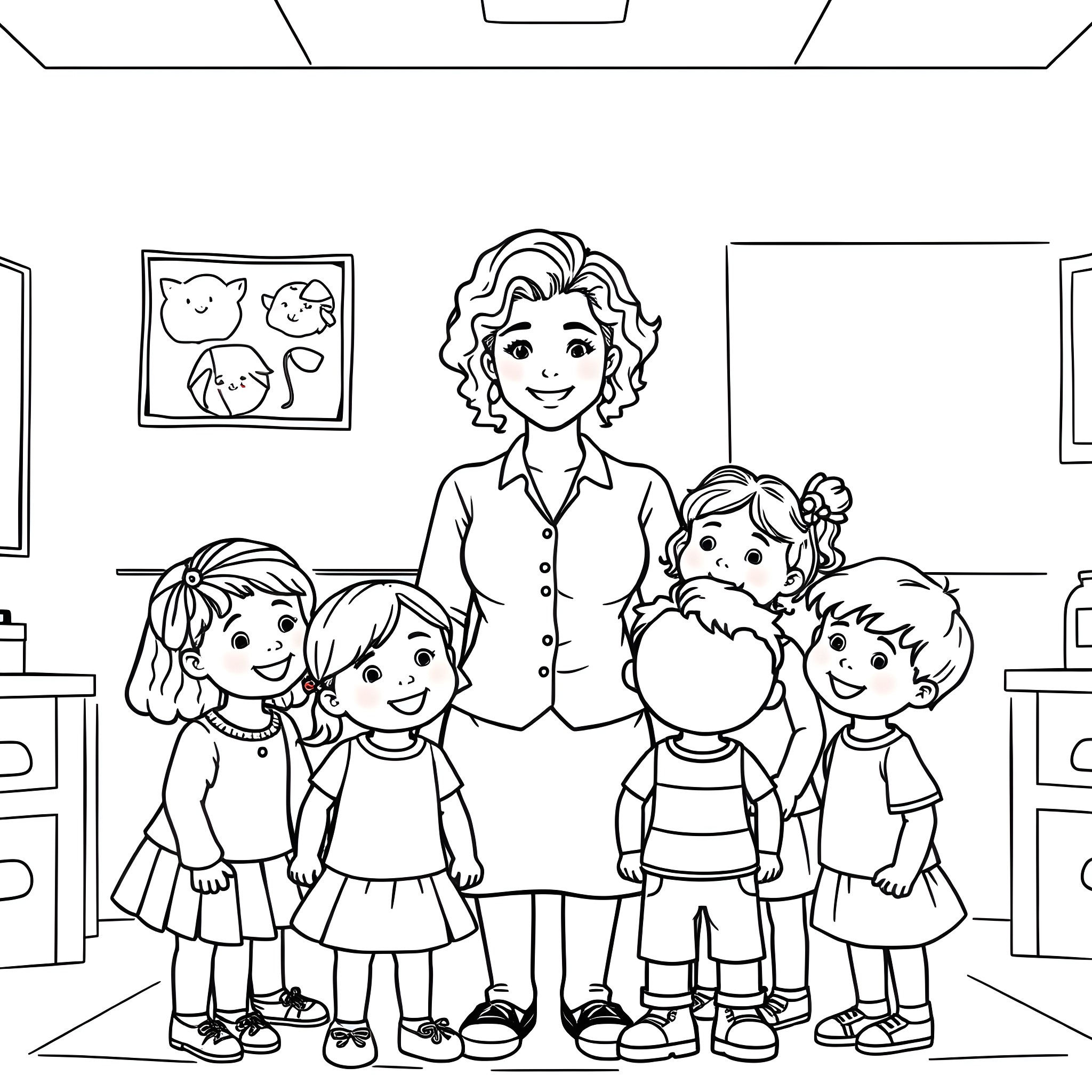 Teacher with smiling students in classroom Coloring Page (free black-and-white line drawing printable PDF for all, from beginners to advanced learners, including children, teens, adults, and seniors)