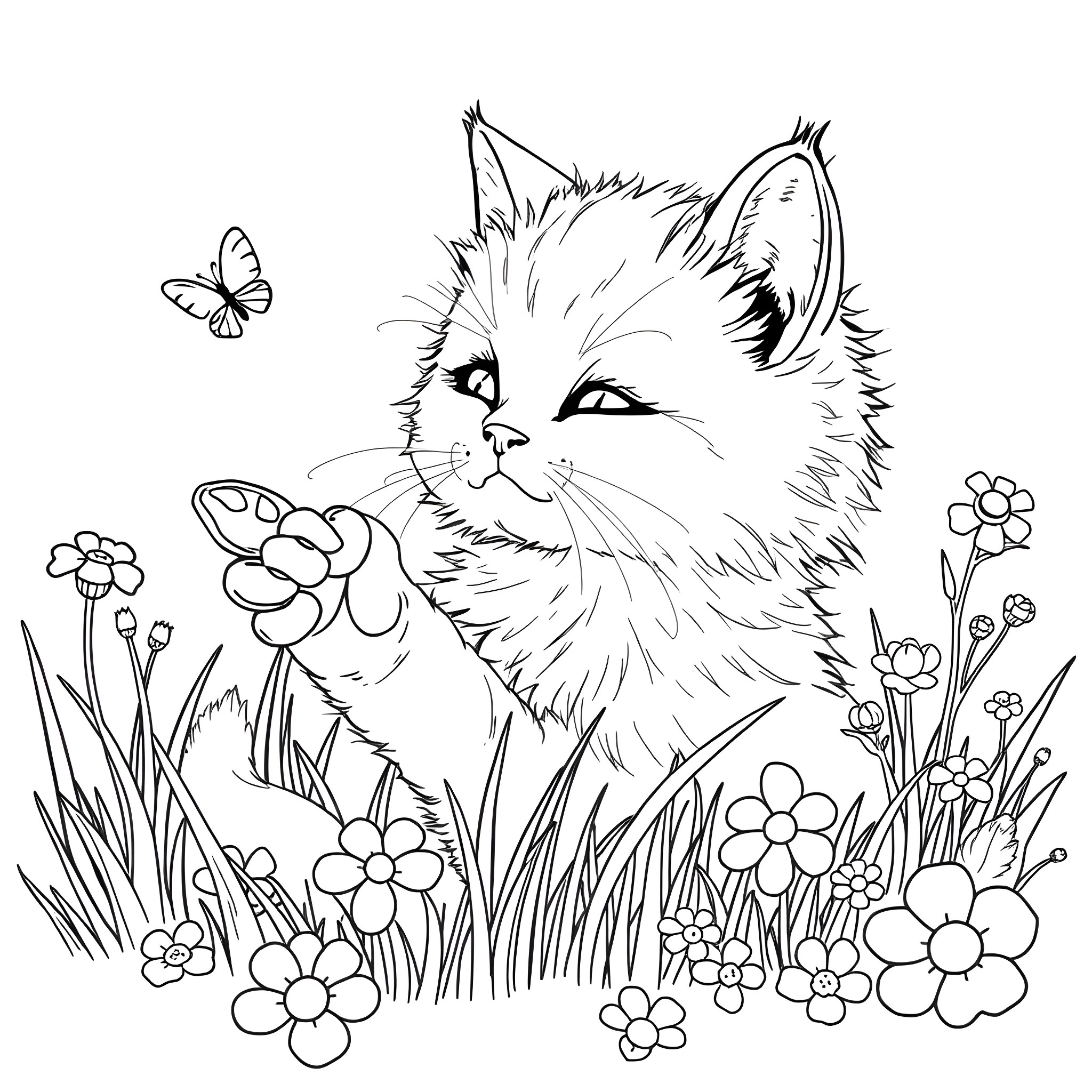 Cat playing in a flowery field Coloring Page (free black-and-white line drawing printable PDF for all, from beginners to advanced learners, including children, teens, adults, and seniors)