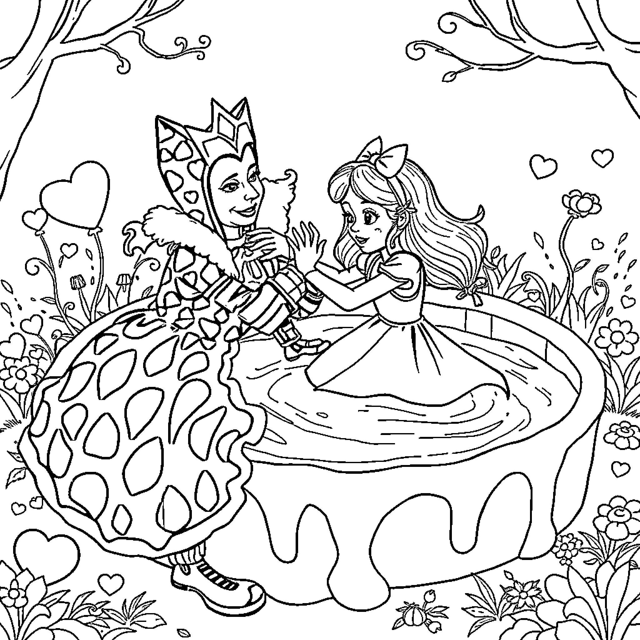 Alice and the Queen in a Whimsical Floral Scene Coloring Page (free black-and-white line drawing printable PDF for all, from beginners to advanced learners, including children, teens, adults, and seniors)