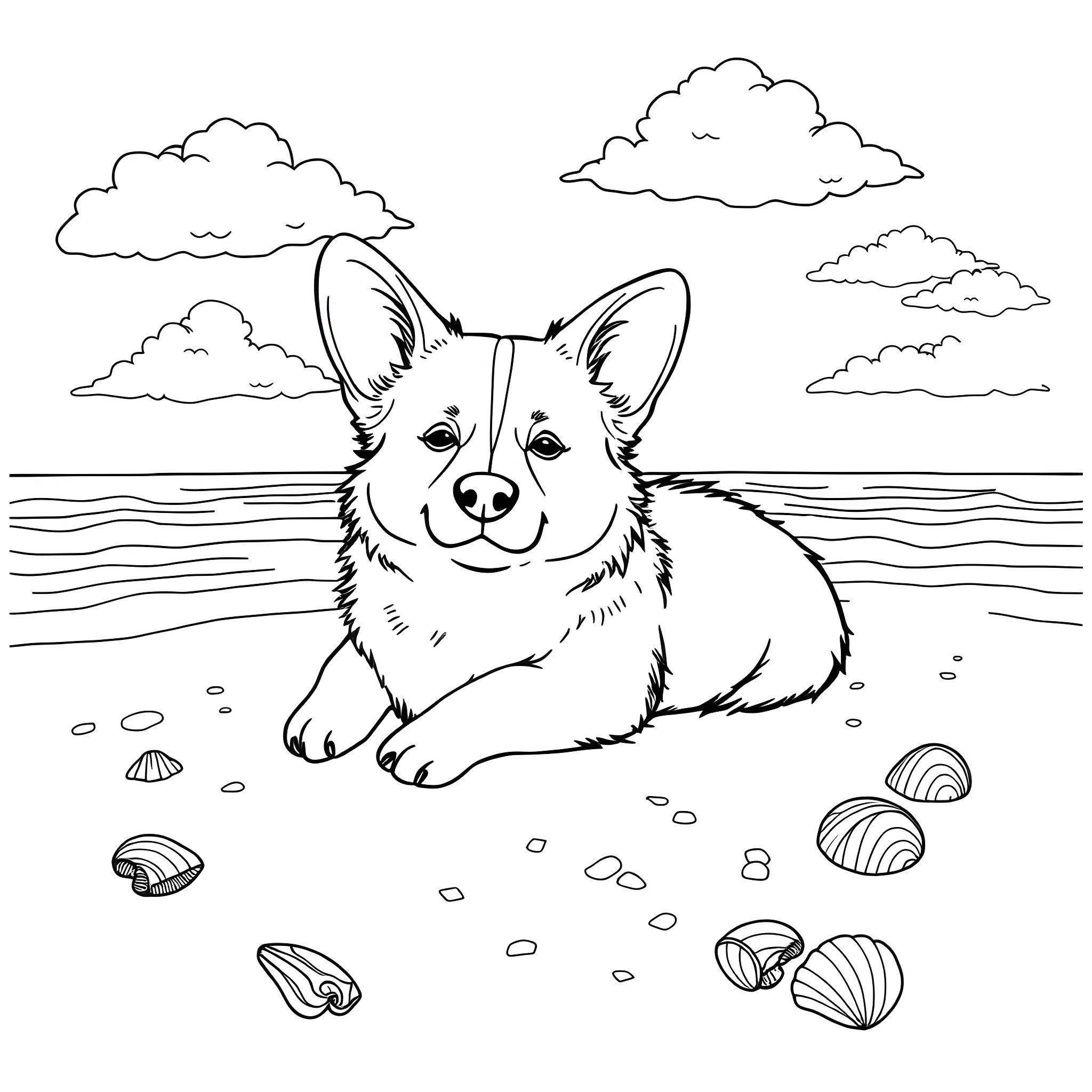 Corgi resting on the beach with seashells Coloring Page (free black-and-white line drawing printable PDF for all, from beginners to advanced learners, including children, teens, adults, and seniors)