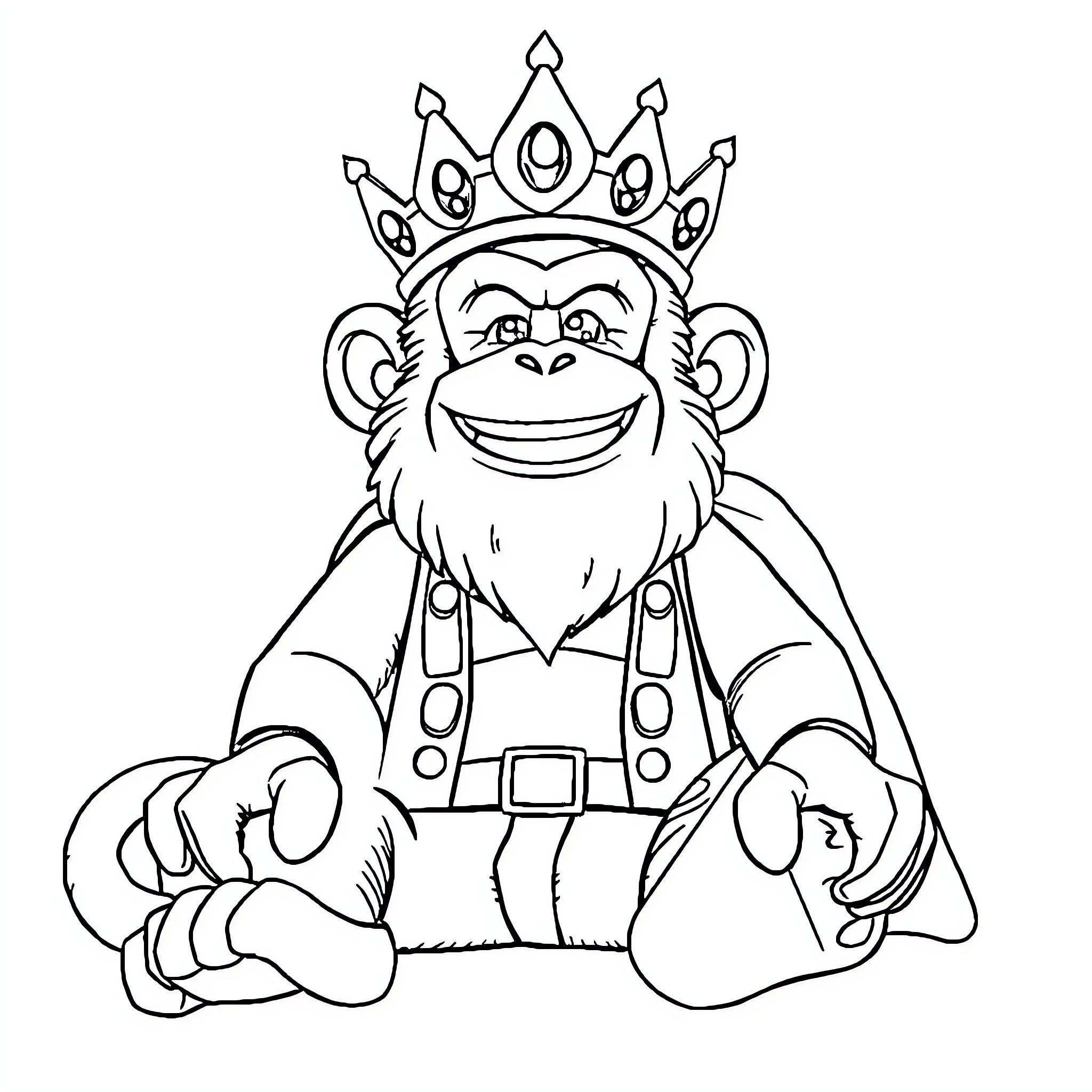 Monkey king sitting on throne with crown Coloring Page (free black-and-white line drawing printable PDF for all, from beginners to advanced learners, including children, teens, adults, and seniors)