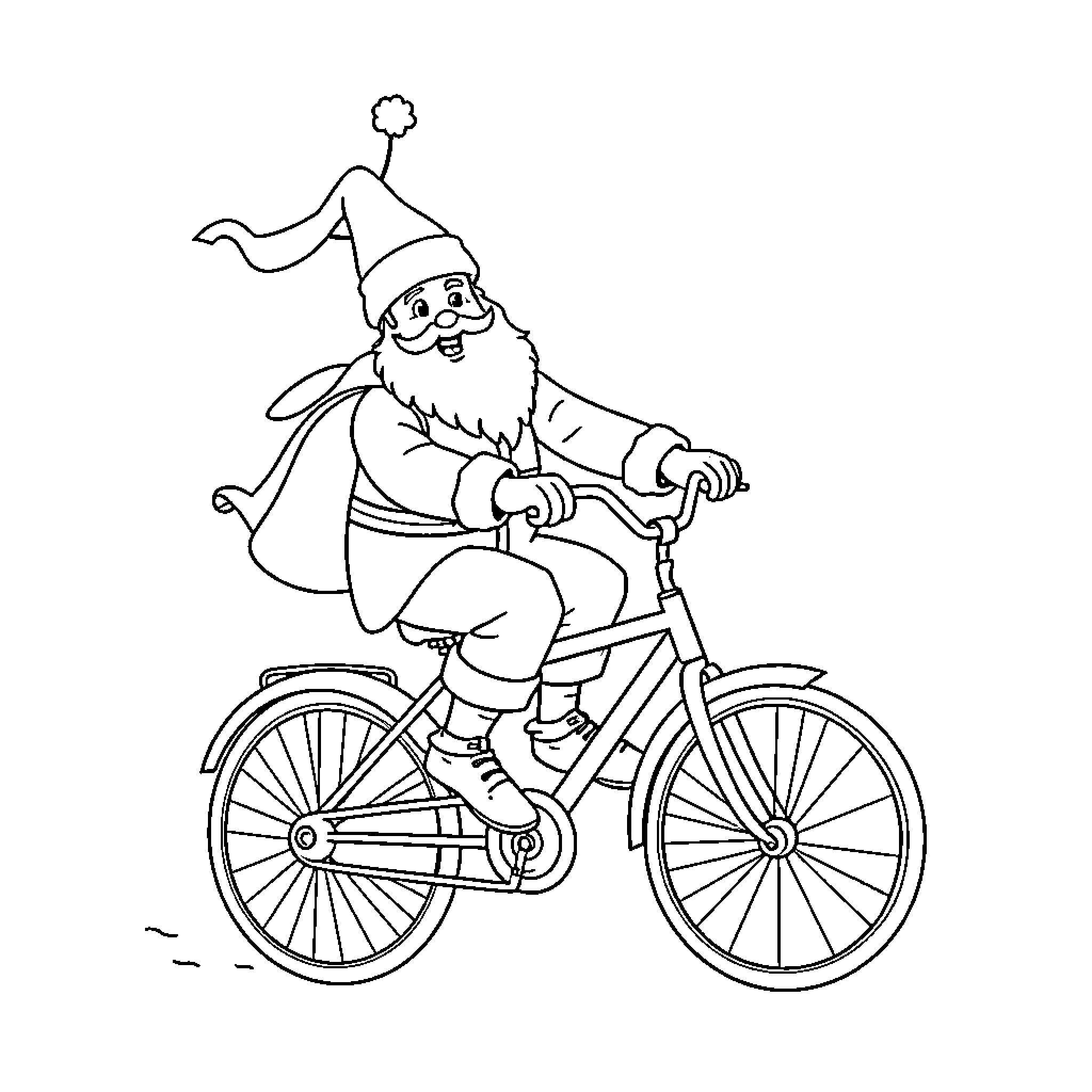 Sinterklaas riding a bicycle in playful manner Coloring Page (free black-and-white line drawing printable PDF for all, from beginners to advanced learners, including children, teens, adults, and seniors)