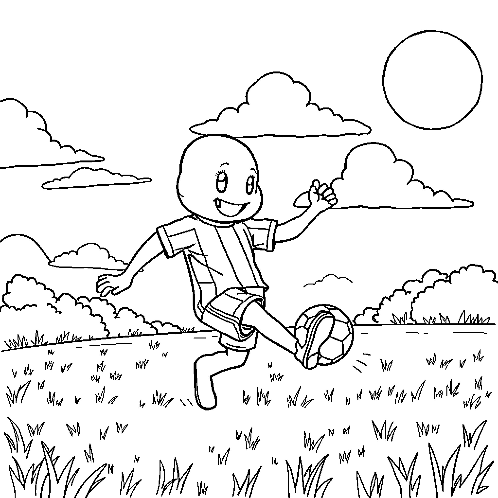 Labubu playing soccer joyfully in the countryside Coloring Page (free black-and-white line drawing printable PDF for all, from beginners to advanced learners, including children, teens, adults, and seniors)