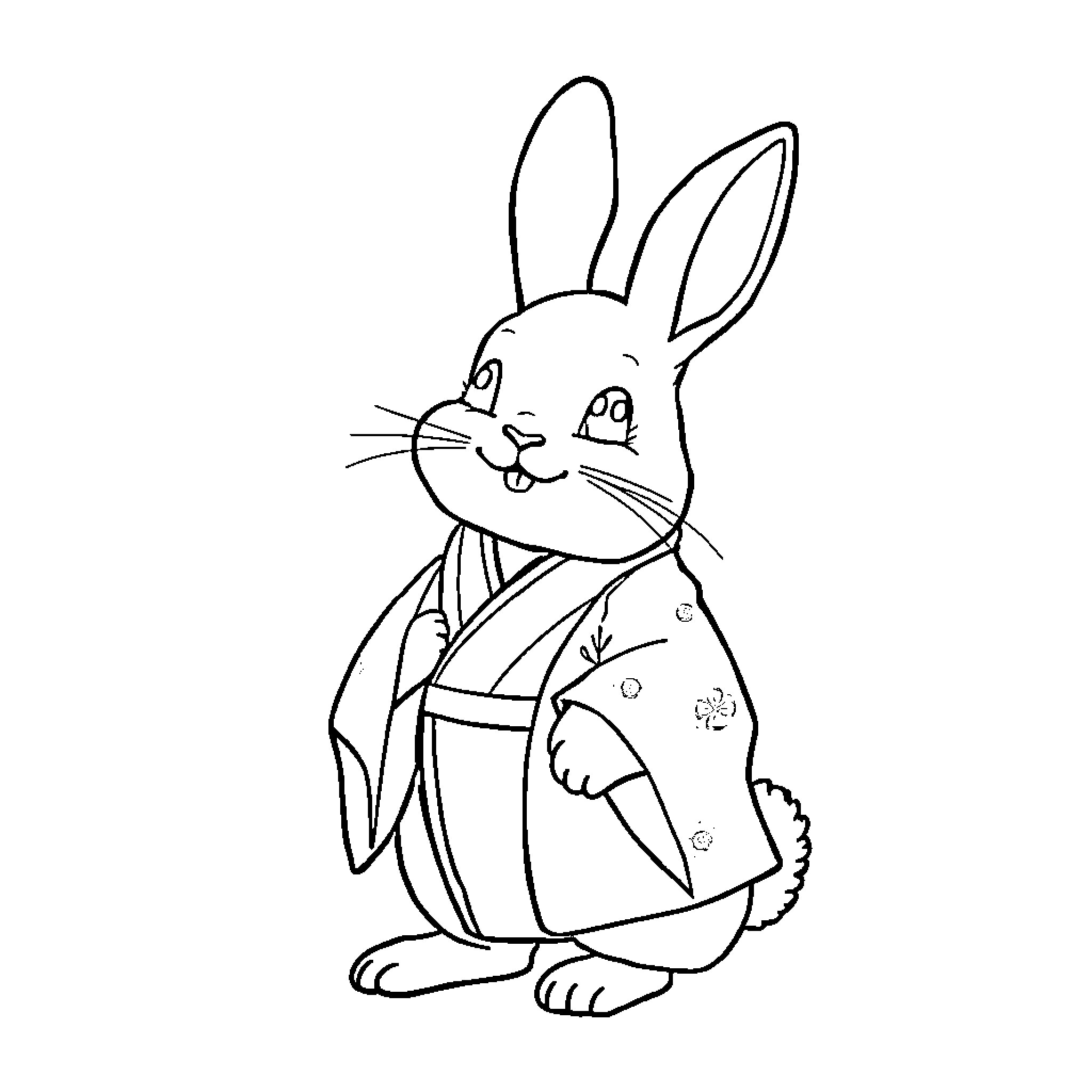 Rabbit wearing traditional Japanese clothing Coloring Page (free black-and-white line drawing printable PDF for all, from beginners to advanced learners, including children, teens, adults, and seniors)