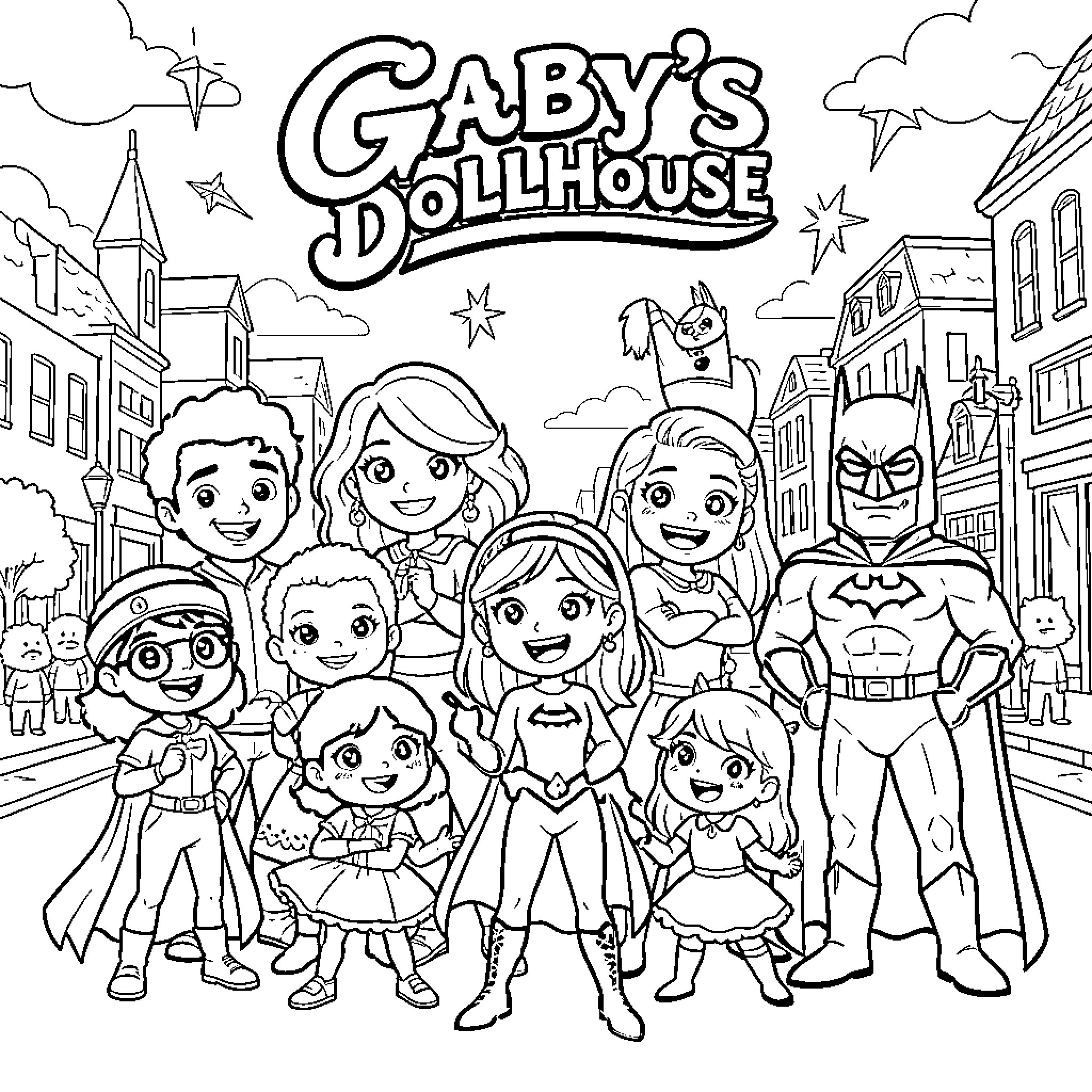 Gabby Dollhouse characters posing together in a town setting Coloring Page (free black-and-white line drawing printable PDF for all, from beginners to advanced learners, including children, teens, adults, and seniors)
