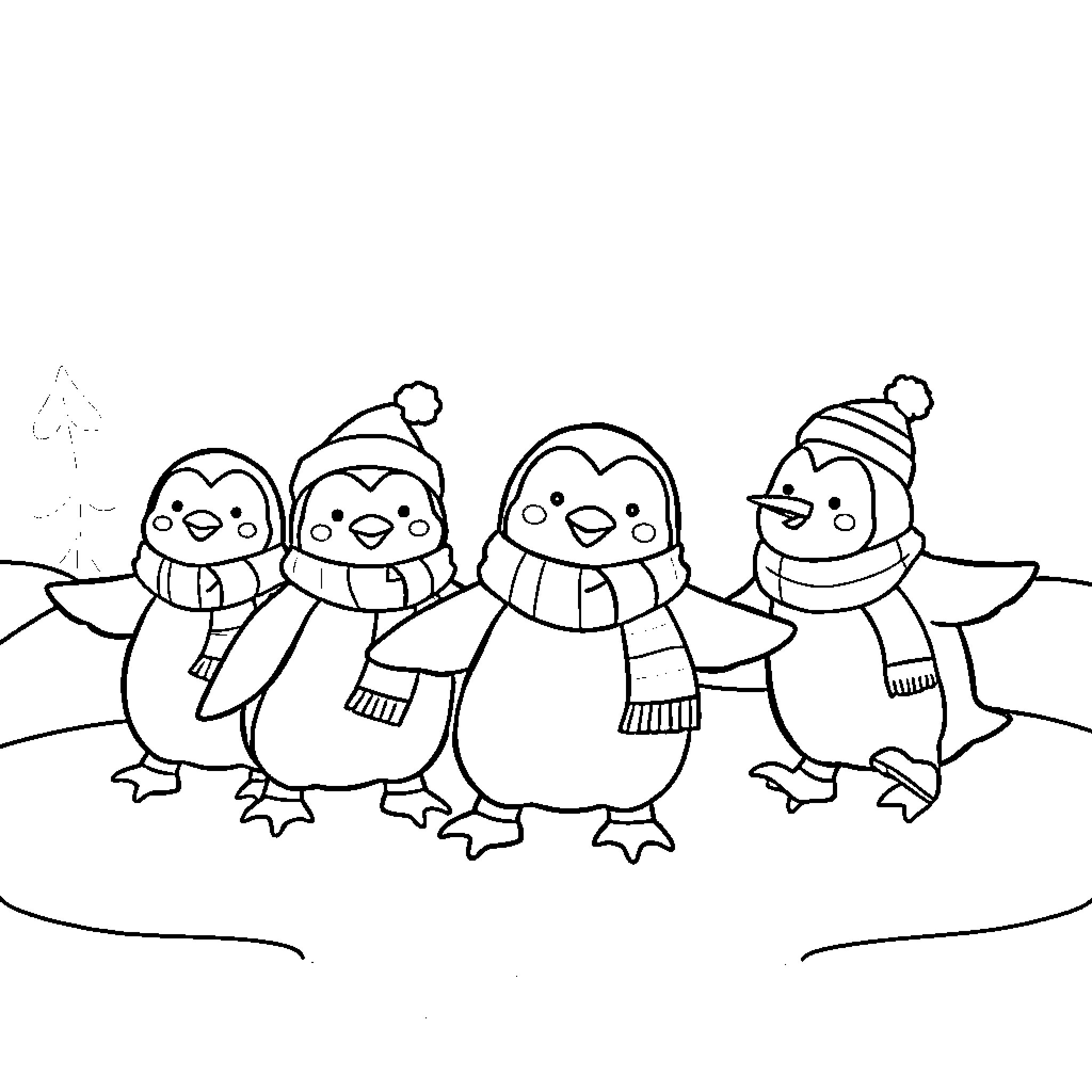 Penguins playing in the snow Coloring Page (free black-and-white line drawing printable PDF for all, from beginners to advanced learners, including children, teens, adults, and seniors)