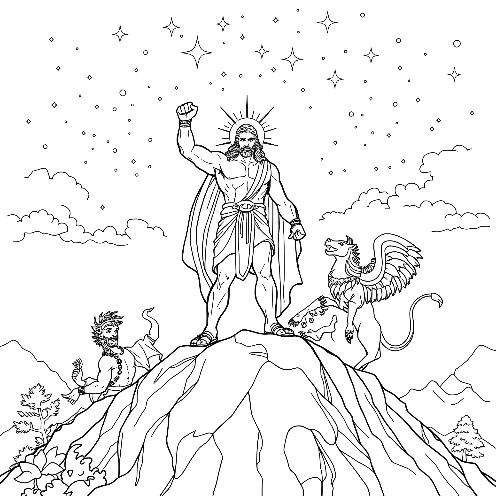 Hercules triumphantly stands atop a mountain with mythical creatures Coloring Page (free black-and-white line drawing printable PDF for all, from beginners to advanced learners, including children, teens, adults, and seniors)