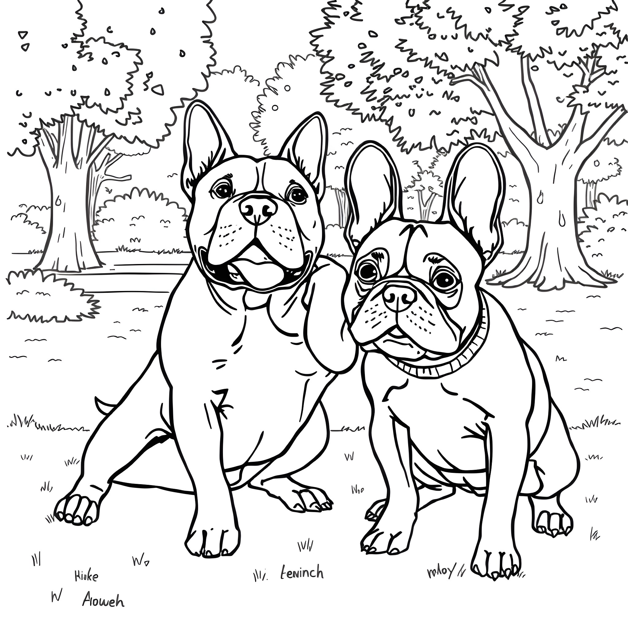 Dog friends exploring the outdoors Coloring Page (free black-and-white line drawing printable PDF for all, from beginners to advanced learners, including children, teens, adults, and seniors)