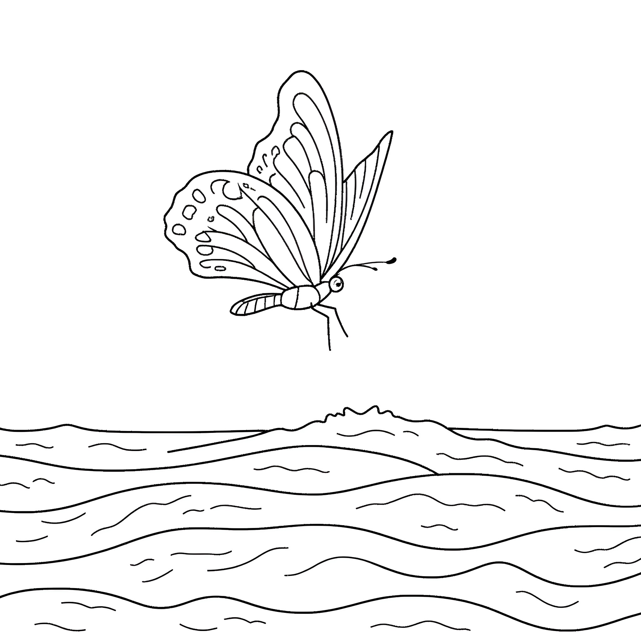 Butterfly Soaring Over Tranquil Waters Coloring Page (free black-and-white line drawing printable PDF for all, from beginners to advanced learners, including children, teens, adults, and seniors)