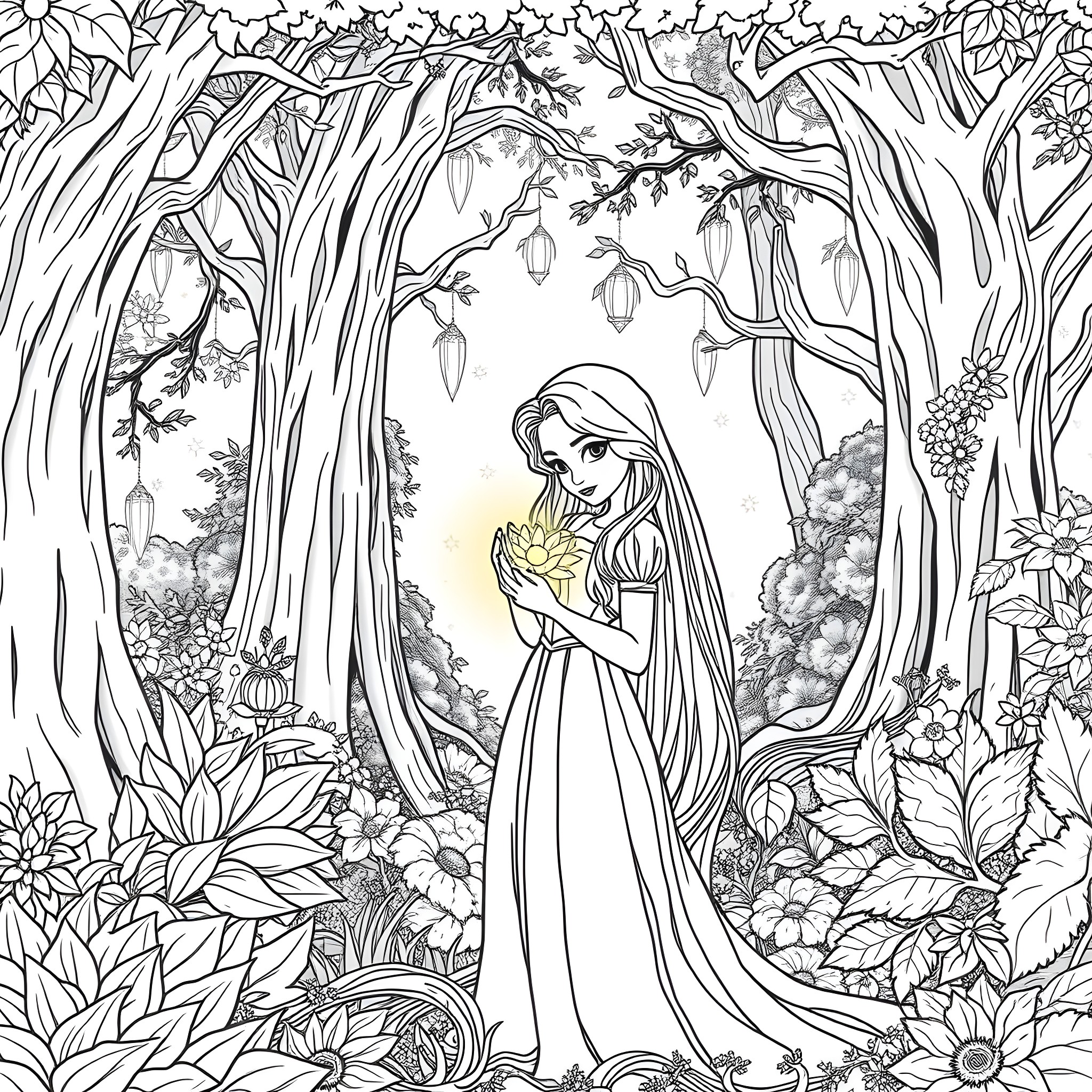 Rapunzel's enchanting forest adventure Coloring Page (free black-and-white line drawing printable PDF for all, from beginners to advanced learners, including children, teens, adults, and seniors)