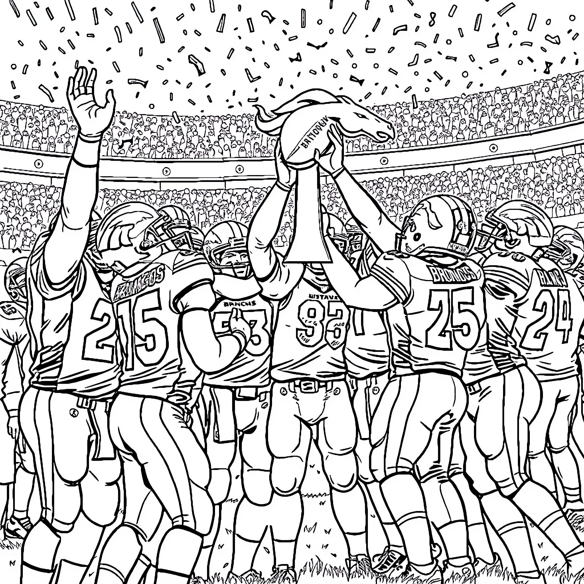 Denver Broncos players celebrating together on the field Coloring Page (free black-and-white line drawing printable PDF for all, from beginners to advanced learners, including children, teens, adults, and seniors)