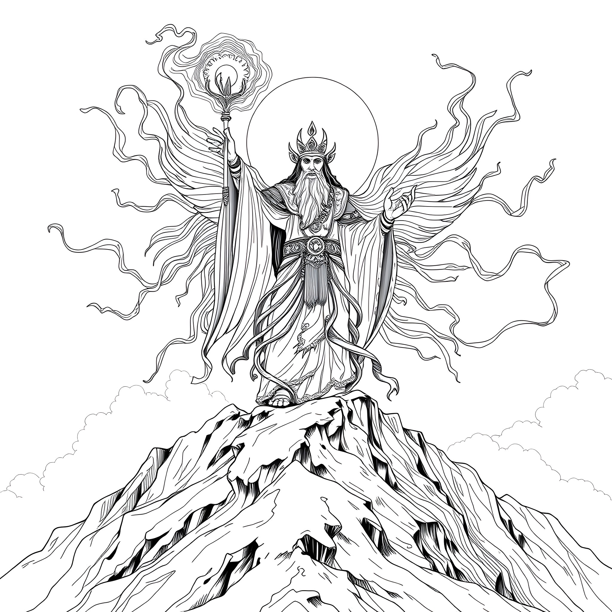 Great Spirit Ascending the Celestial Mountain Coloring Page (free black-and-white line drawing printable PDF for all, from beginners to advanced learners, including children, teens, adults, and seniors)