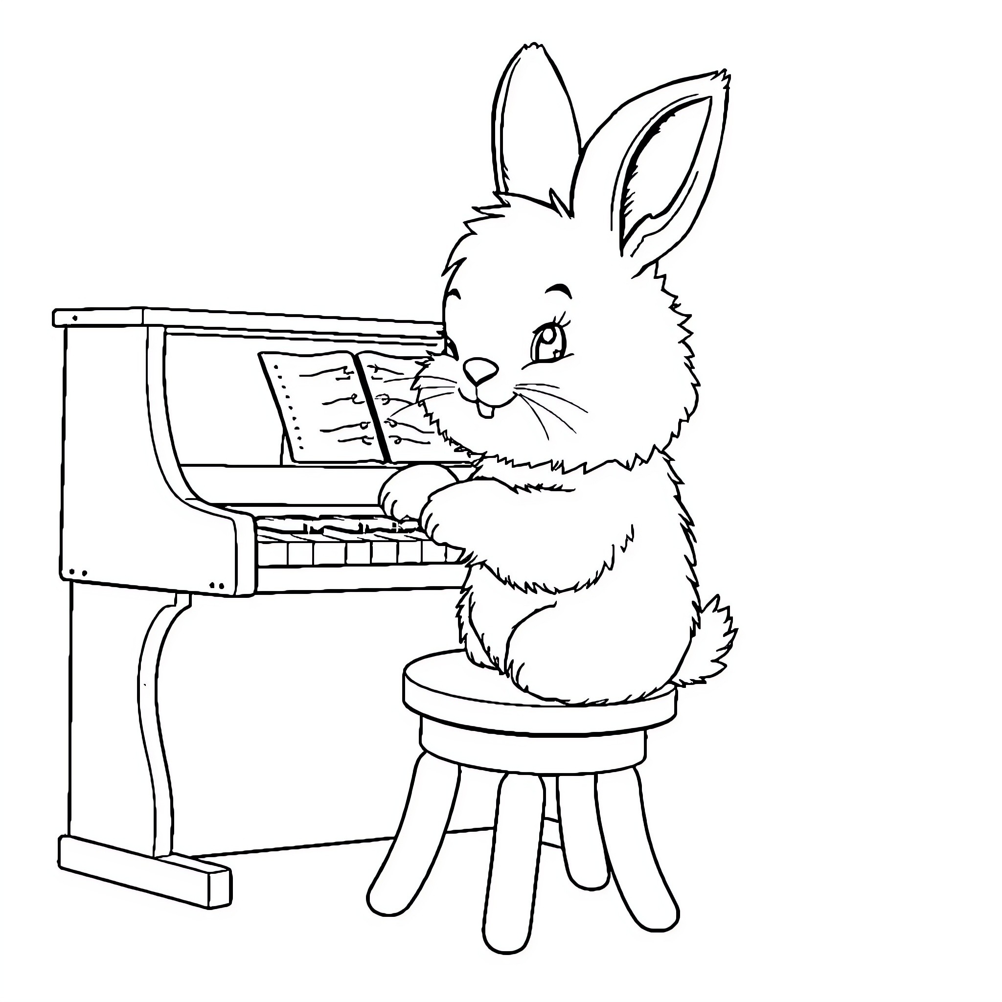 Bunny playing the piano with delight Coloring Page (free black-and-white line drawing printable PDF for all, from beginners to advanced learners, including children, teens, adults, and seniors)