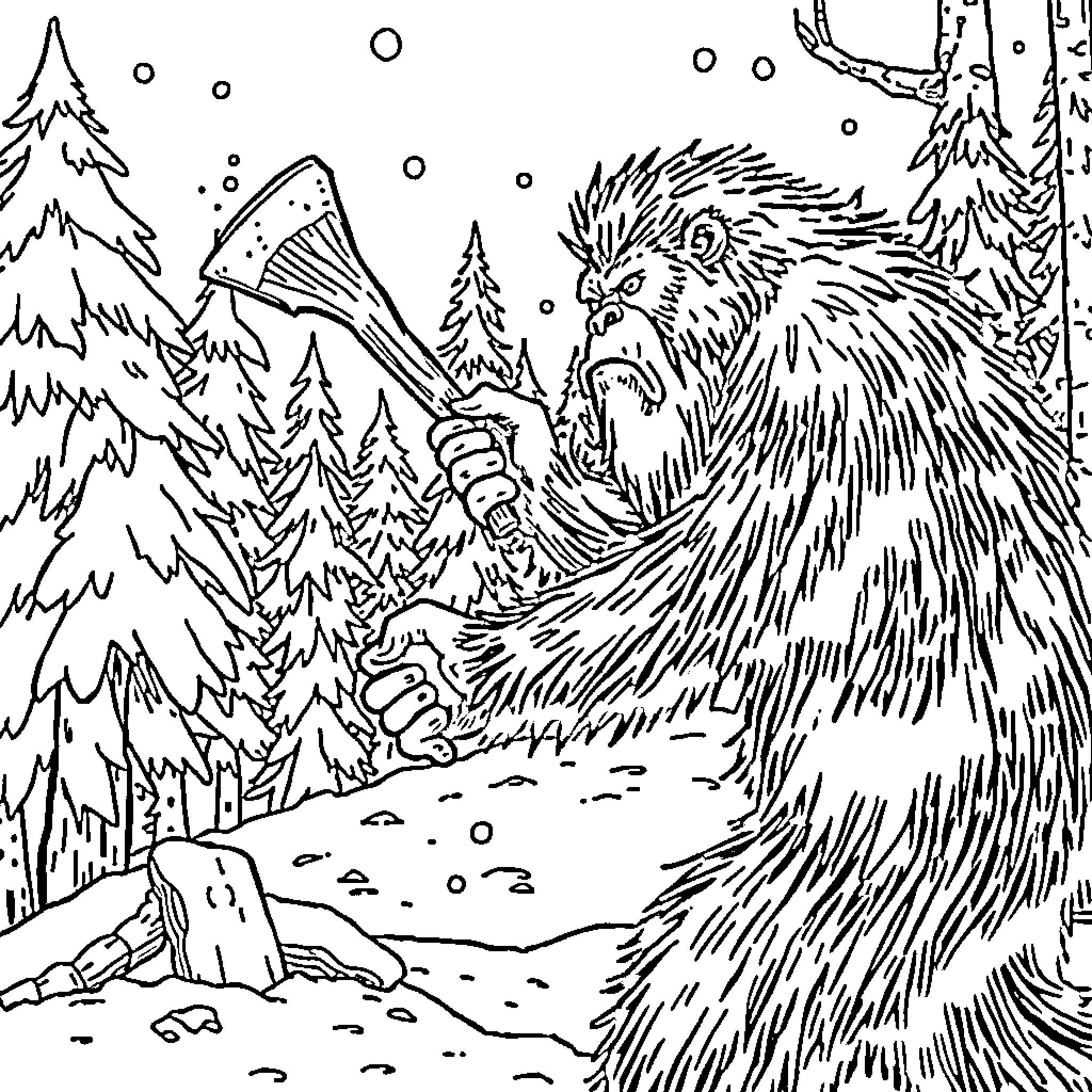 Sasquatch roaring in a snowy forest landscape Coloring Page (free black-and-white line drawing printable PDF for all, from beginners to advanced learners, including children, teens, adults, and seniors)
