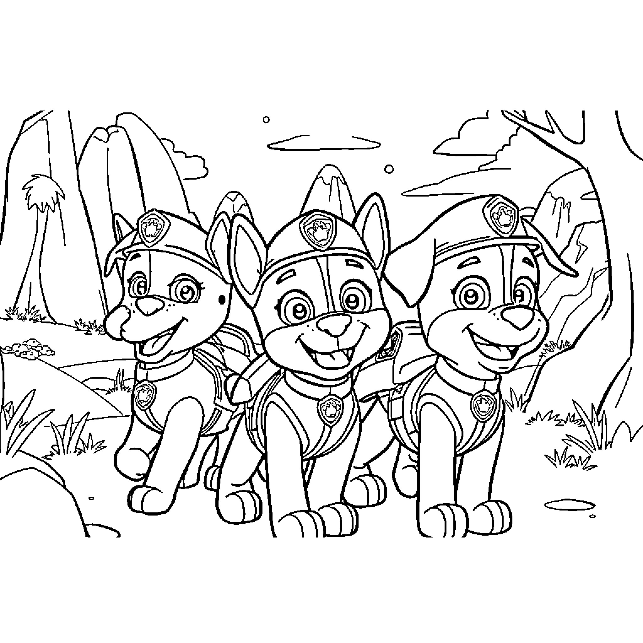 Paw Patrol characters on an adventure in nature Coloring Page (free black-and-white line drawing printable PDF for all, from beginners to advanced learners, including children, teens, adults, and seniors)