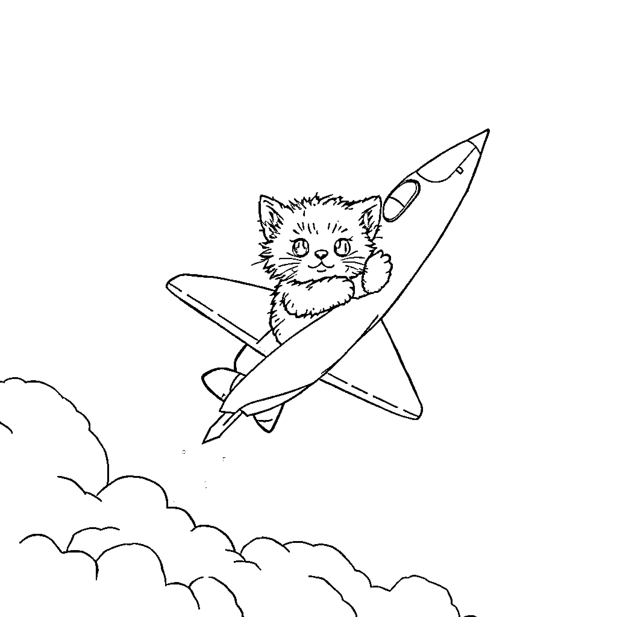 Kitten riding a rocket through the clouds Coloring Page (free black-and-white line drawing printable PDF for all, from beginners to advanced learners, including children, teens, adults, and seniors)