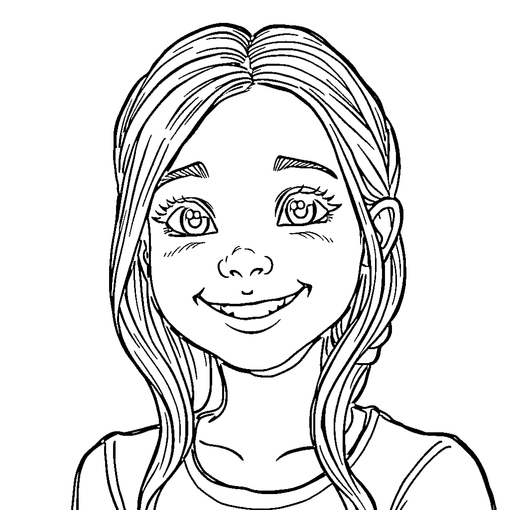 Sarah's Cheerful Portrait Coloring Page (free black-and-white line drawing printable PDF for all, from beginners to advanced learners, including children, teens, adults, and seniors)